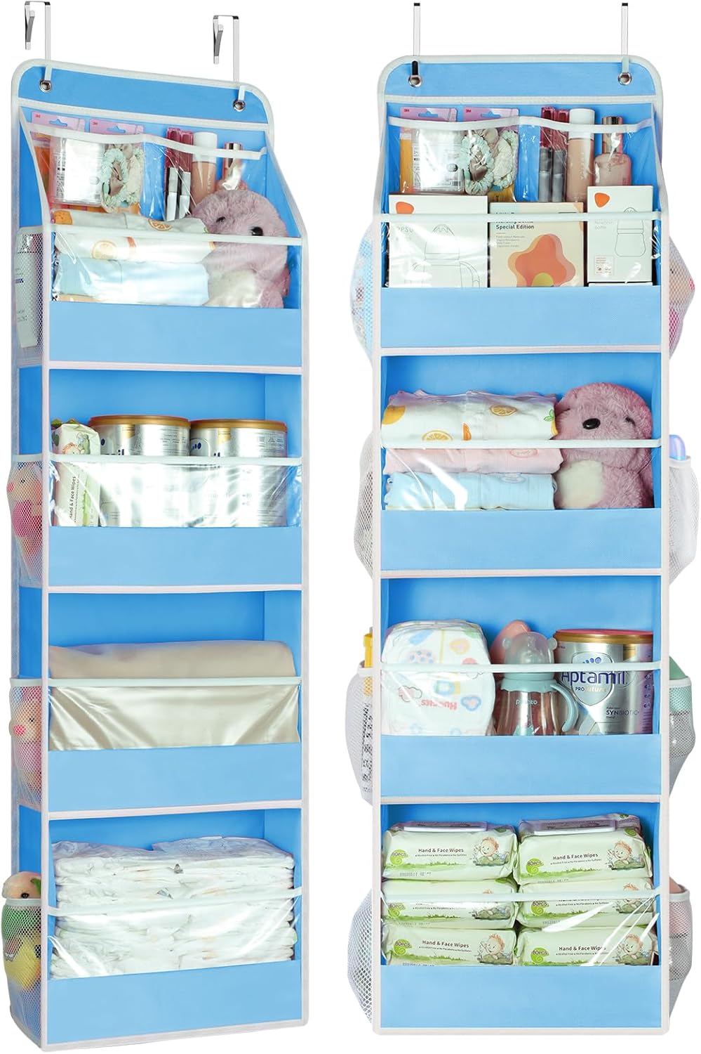Yecaye 5 Tier 2Pc Over the Door Organizer, Swing-proof Door Organizer Hanging with Clear PVC Windows, Behind the Door Storage for Bedroom Nursery Closet Laundry Pantry Bathroom, Soft Sky Blue