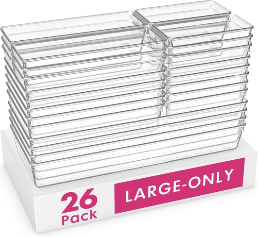 Criusia 26 Pack Large Clear Plastic Drawer Organizer Bins -5 Size Heavy Duty Acrylic Kitchen Drawer Organizers and Storage for Utensils -Bathroom Drawer Organizer Trays for Makeup Office Organization