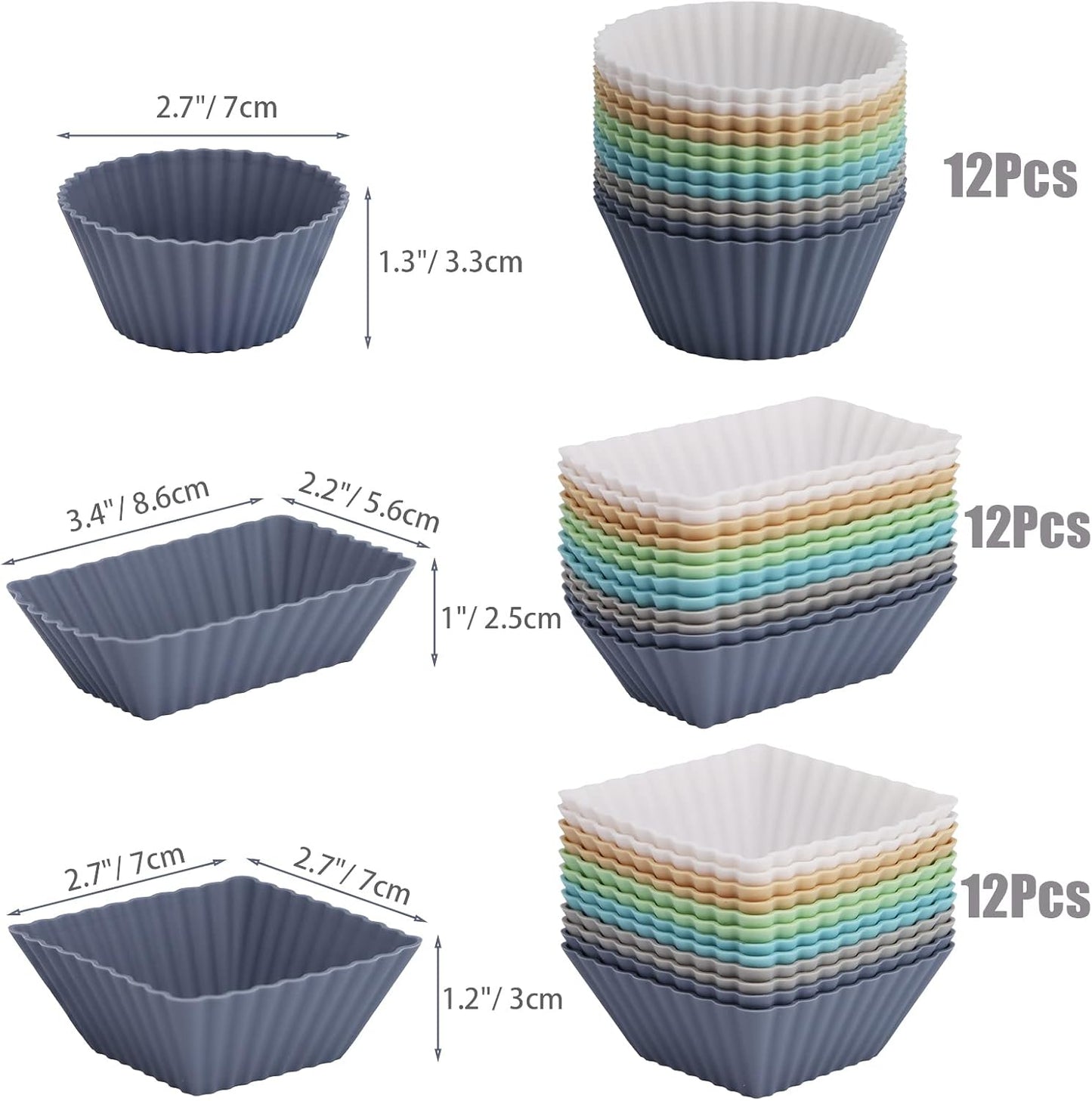 36-Pack Silicone Cupcake Liners, Reusable Muffin Cups – Round, Square & Rectangle Baking Cups, Non-Stick, Easy to Clean, Bento Box Accessories, Lunch Box Dividers for Kids(36 Liners + 20 Animal Picks)