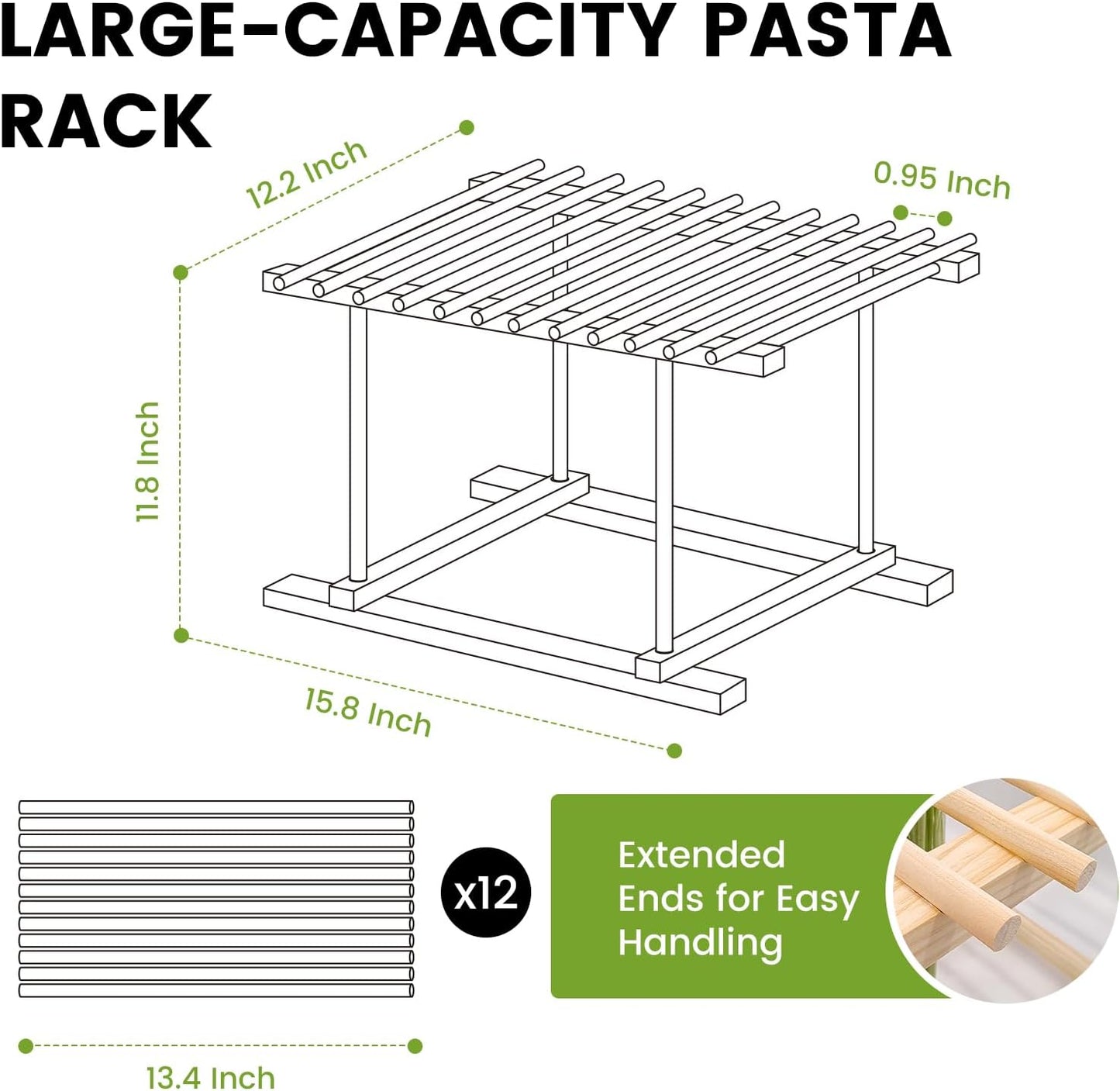 Wooden Pasta Drying Rack with 12 Detachable Rods & Fixed Grooves, Effortless Pasta Transfer, Holds Short/Long Noodles