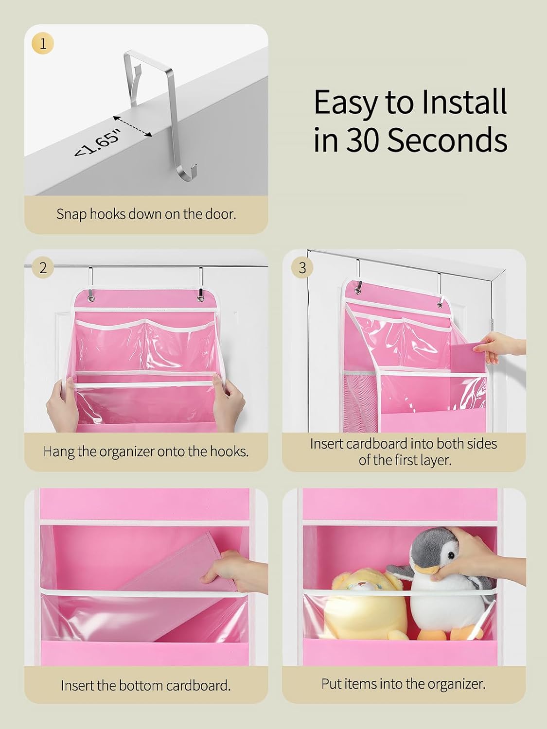 Yecaye 5 Tier Over the Door Organizer, Swing-proof Door Organizer Hanging with Clear PVC Windows, Behind the Door Storage for Bedroom Nursery Closet Laundry Pantry Bathroom, Bubblegum Pink