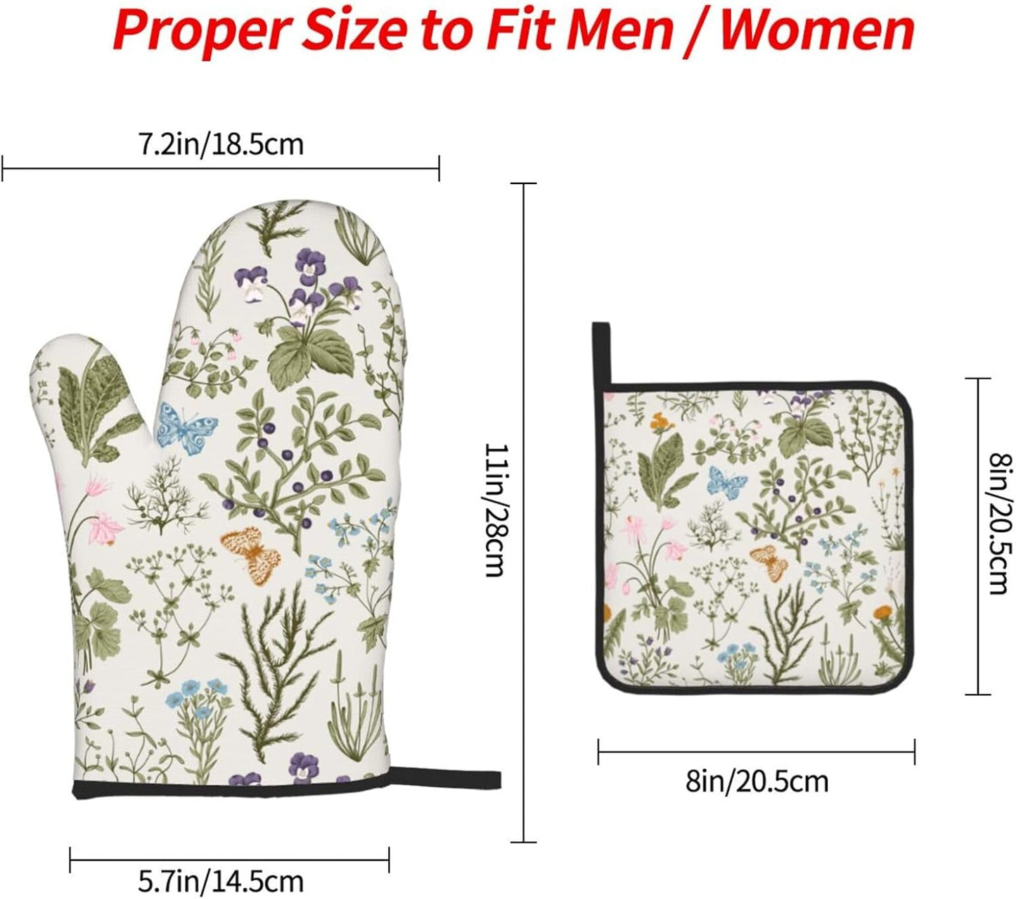 Vintage Floral Oven Mitts and Pot Holders Sets of 3 Cute Botanic Hot Pads Herbs and Wild Flowers Oven Gloves Heat Resistant Washable for Kitchen Cooking Grilling Baking