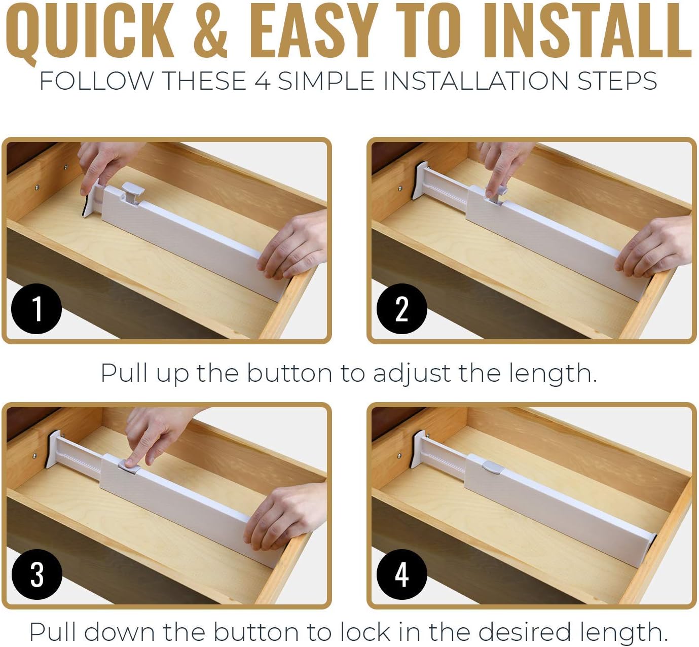 RAPTUROUS Adjustable Drawer Dividers, 2.5" Tall, Expandable 13-22", 8-Pack, Non-Slip for Dresser, Closet, Kitchen, Nursery, and Office (White)