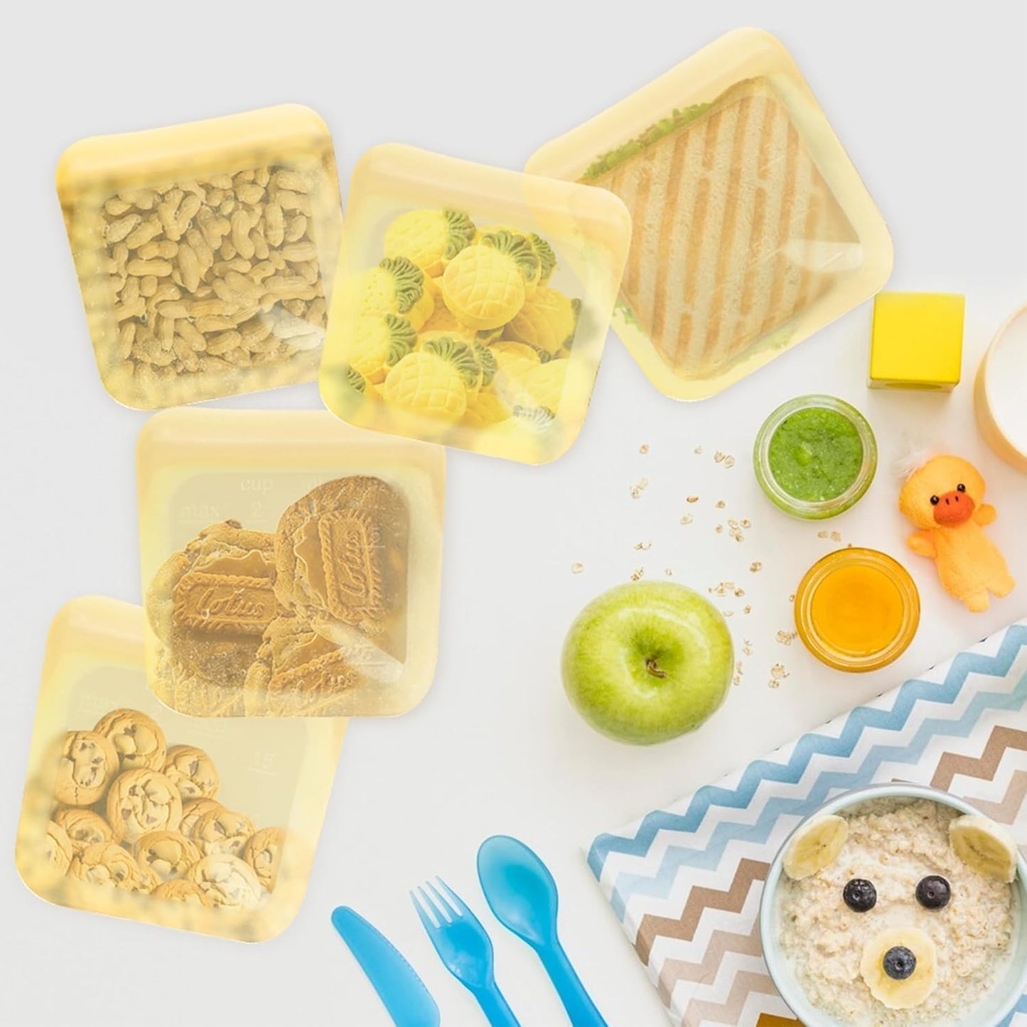 purifyou Set of 5 Reusable Silicone Storage Snack Bags 6oz / 16oz / 32oz / 64oz Self-Seal Food Storage Container for Fruits, Vegetables, Sandwiches, Dishwasher Safe & Leak-free (PastelYellow, 16oz)