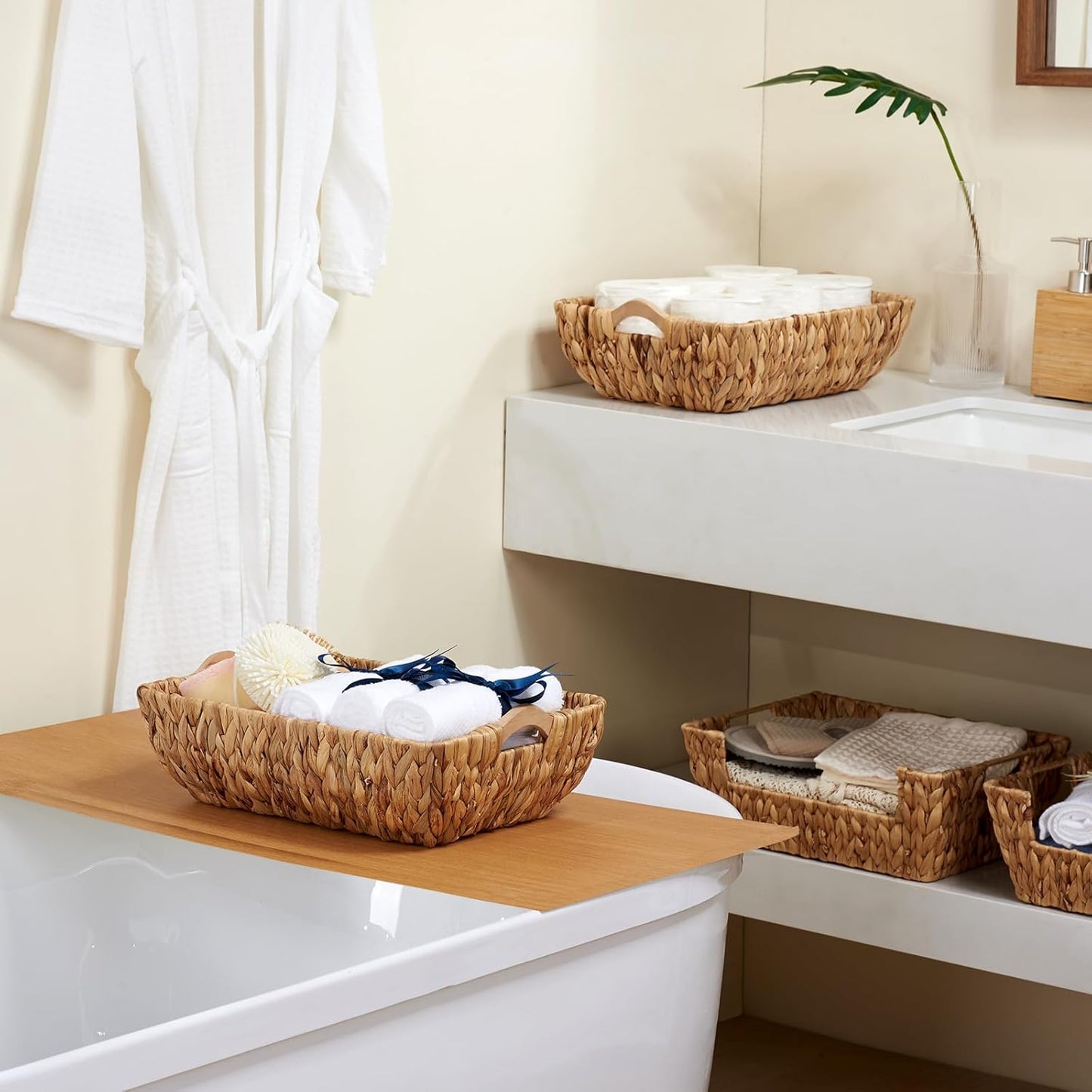 Wicker Baskets 2 Pack, Water Hyacinth Wicker Storage Basket with Wooden Handles, Hand-Woven Baskets for Storage, Natural