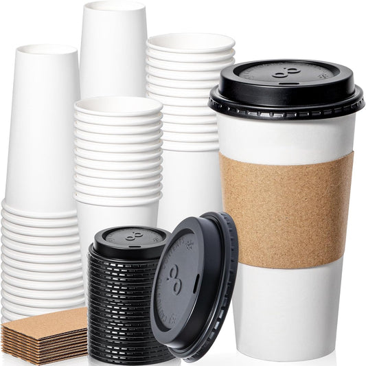 Fit Meal Prep 50 Pack 20 oz Disposable Coffee Cups with Lids, Sleeves, Leak-Proof To Go Coffee Cups with Lids, Durable Paper Cups for Hot Beverage, Home, Office, Party