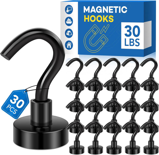 LOVIMAG Magnetic Hooks，30Lbs Magnets with Hooks for Cruise, Black Magnetic Hooks for Hanging, Fridge, Classroom, Refrigerator, Ceiling, Office, Kitchen. Grill, Garage-30Pack