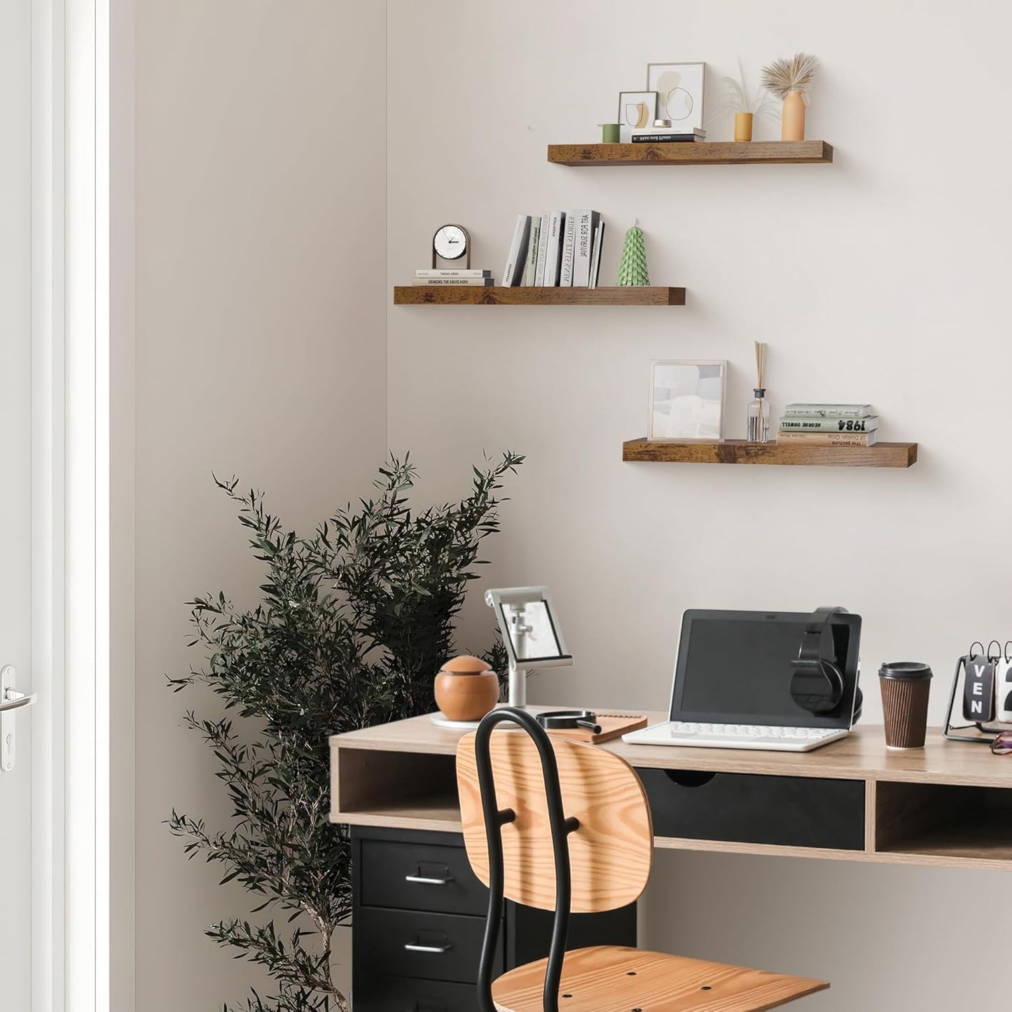 Colima 3-Pack Contemporary Wood Floating Shelves, 24 Inch, Wall-Mounted, 1.3 Inch Thick, 50 lb Capacity Each, Set of 3