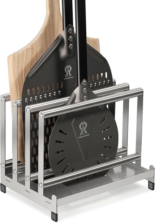 Pizza Peel Rack Stainless Steel With Non-Slip Feet Pizza Turning Peel Pizza Paddle Holder Rack 4 Available Slots Organizing and Saving Space, No Pizza Oven Tools, silver