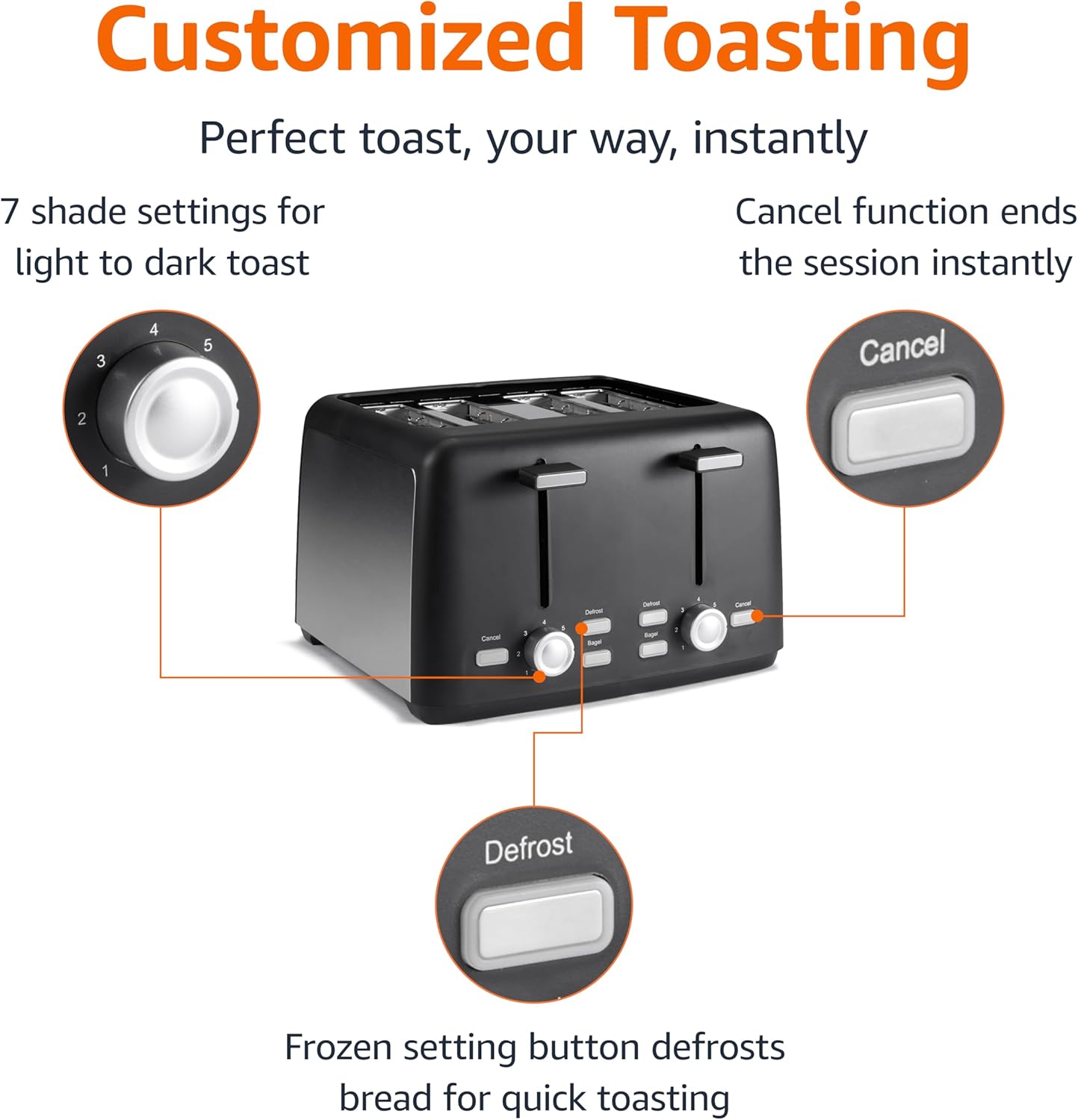 Amazon Basics 4 Slice Toaster, With 7 Browning Settings, Extra Wide Slots For Bagels and Special Breads, Removable Easy-to-Clean Crumb Trays, Cancel/Defrost/Bagel Buttons, 1500W, Black & Silver