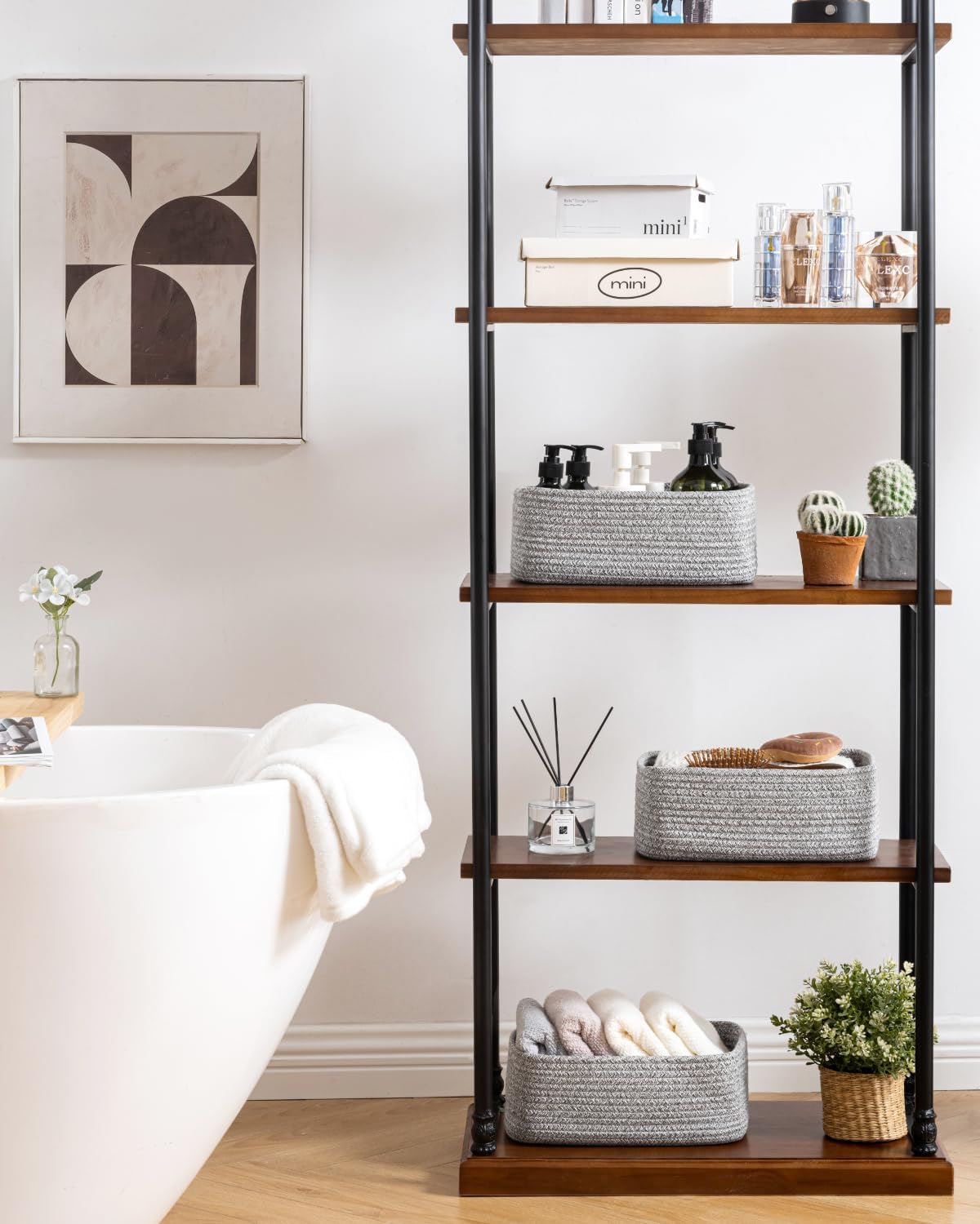 Small Woven Basket, 12 x 8 x 4.5 Inches, Storage Basket for Organizing, Cute Small Rope Shelf Closet Cube Storage Bins Baskets for Shelves, Dog Toy Gift Baskets Empty, 3 Packs, Mixed Grey