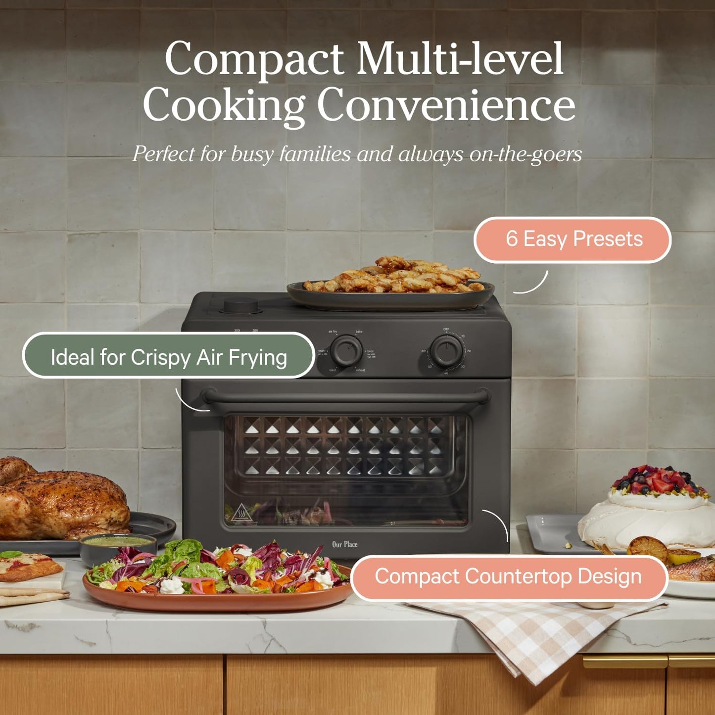 Our Place Large Wonder Oven | 6-In-1 Toxin-Free Air Fryer & Toaster with Steam Infusion | Family-Sized 32QT, 1700W Countertop Design | Includes Bake Tray, Fryer Basket, Large Racks | Char