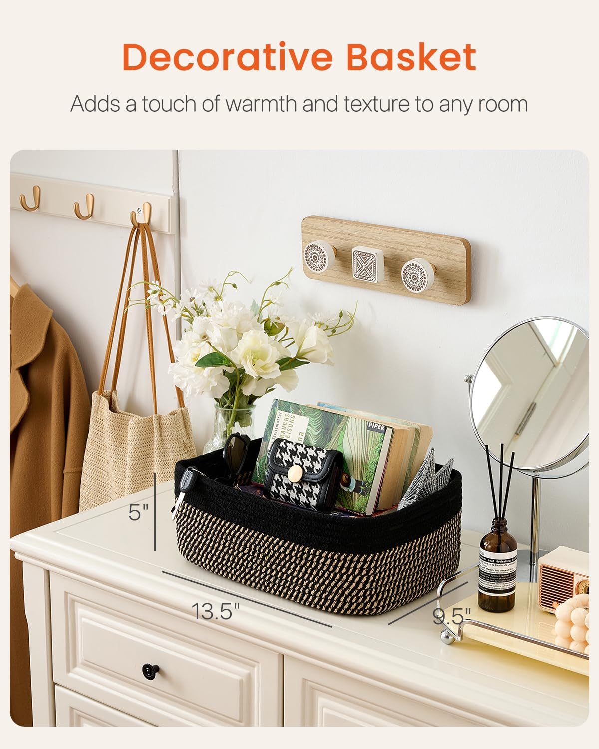 Small Woven Basket, 13.5 x 9.5 x 5 Inches, Storage Basket for Organizing, Cute Small Rope Shelf Closet Cube Storage Bins Baskets for Shelves, Dog Toy Gift Baskets Empty, 3 Pack Black & Brown