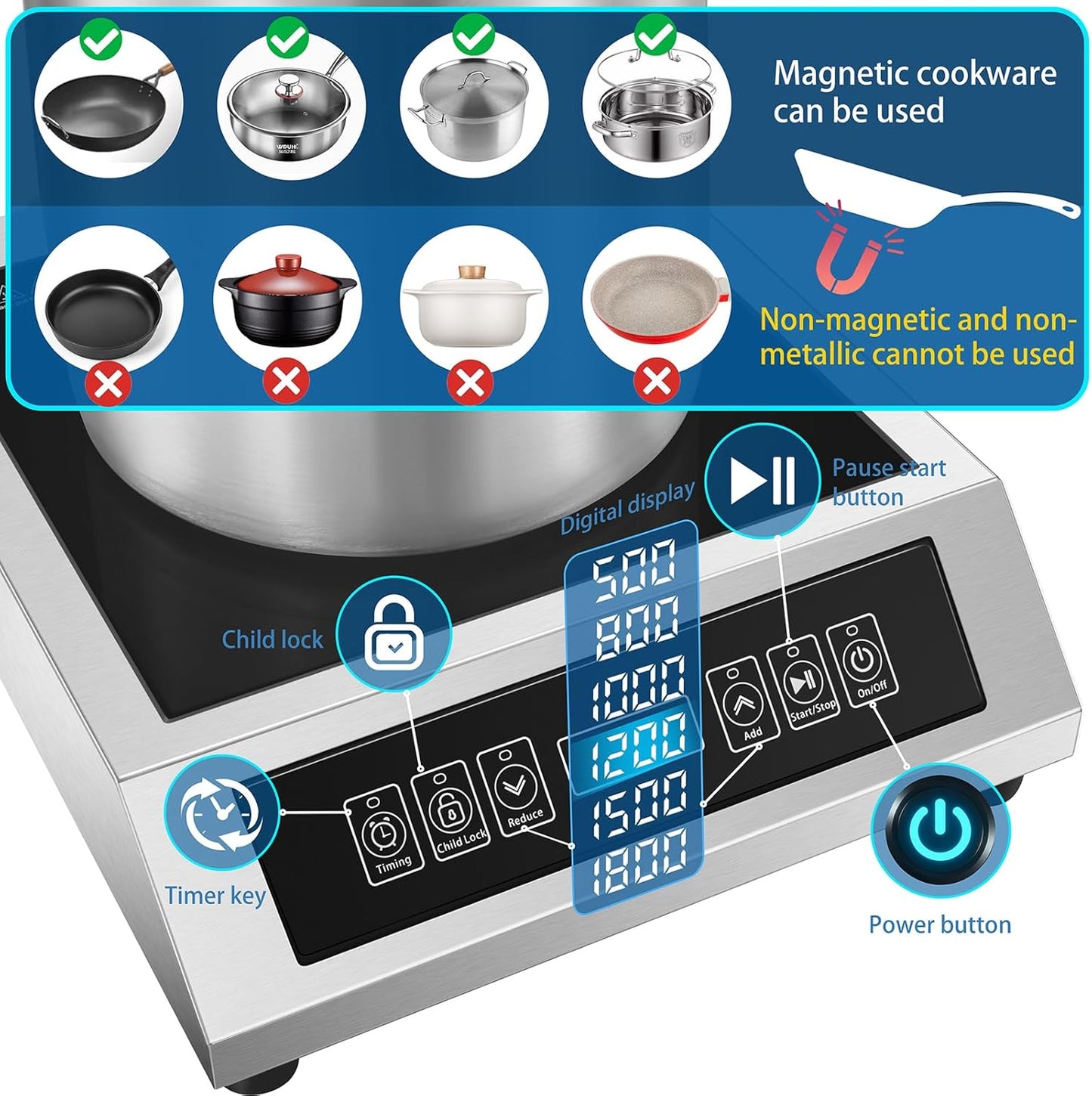 Professional Portable Induction Cooktop,1800 Watts 120V Commercial Range Countertop Burner, 1800 Watts Induction Burner with Sensor Touch and LCD Screen Low noise, timed