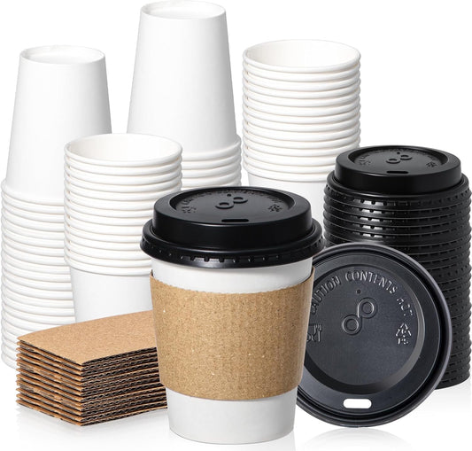 Fit Meal Prep 50 Pack 8 oz Disposable Coffee Cups with Lids, Sleeves, Leak-Proof To Go Coffee Cups with Lids, Durable Paper Cups for Hot Beverage, Home, Office, Party