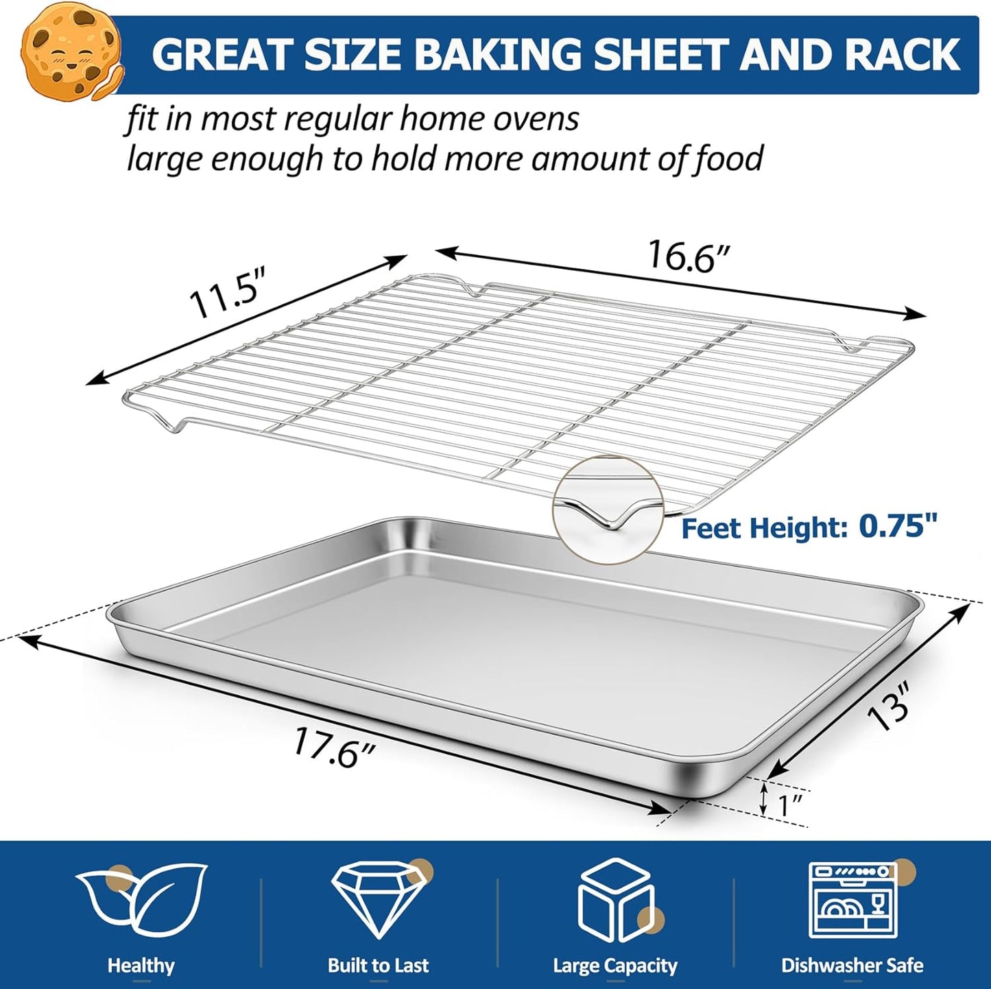 TeamFar Baking Sheet with Rack Set, Stainless Steel Baking Pan Cookie Sheet with Cooling Rack, Size 17.6 x 13 x 1inch, Non Toxic & Heavy Duty, Easy Clean & Dishwasher Safe