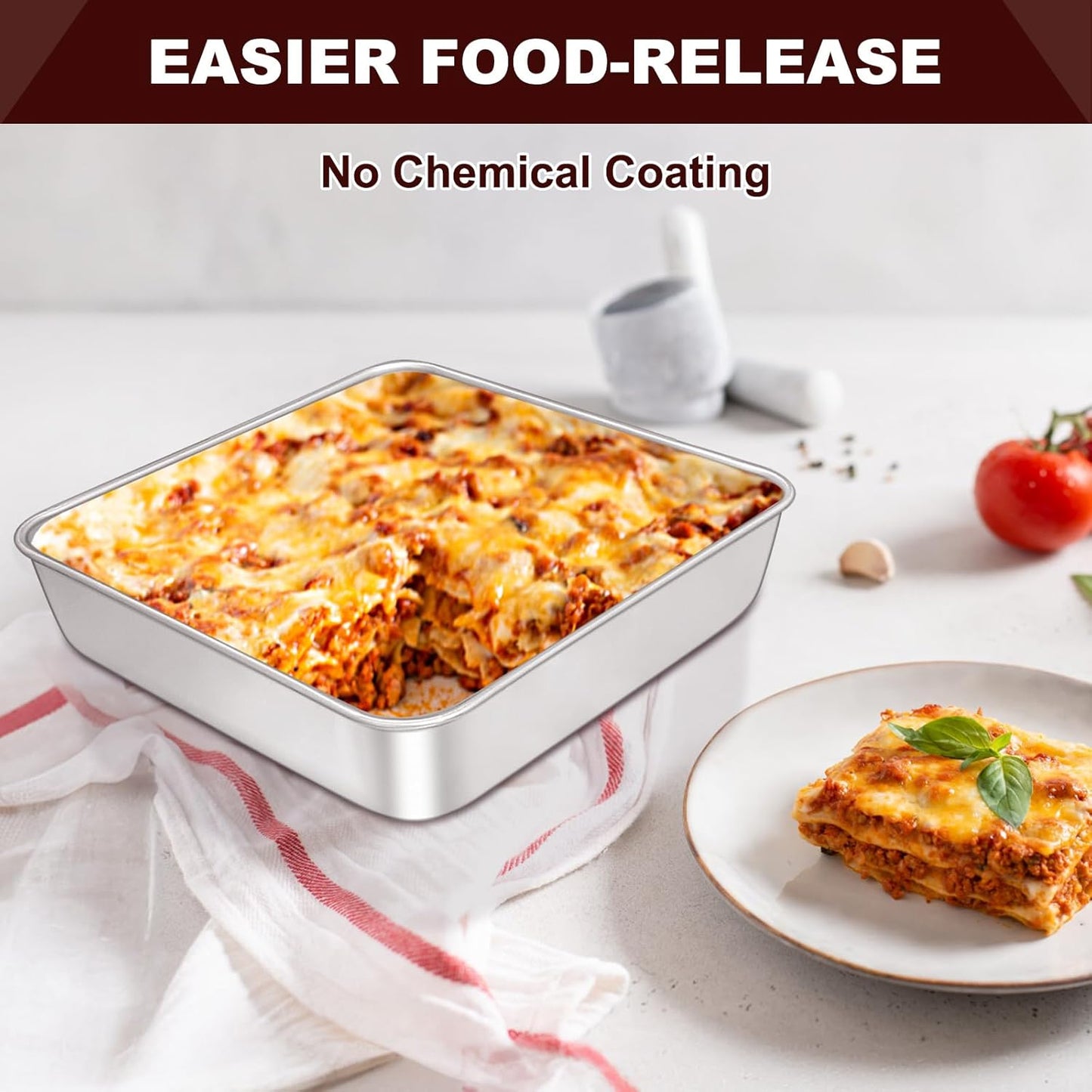 EWFEN 8 x 8 Inch Square Cake Pan, Stainless Steel Baking Pan for Lasagna Brownies Casseroles, Square Bakeware for Oven Cooking, Non-Toxic & Rust-resistant, Dishwasher Safe, 2 Pack