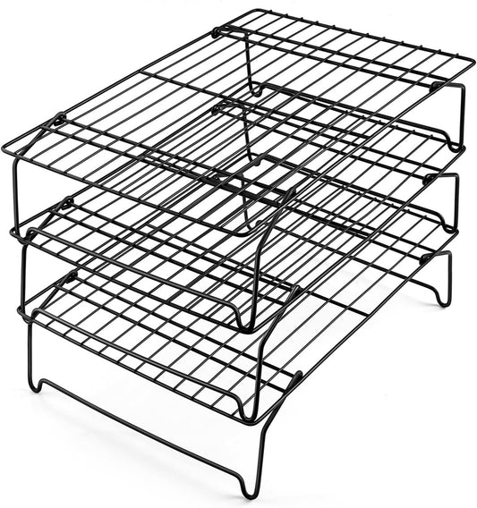 P&P CHEF 3-Tier Cooling Rack Set, Stackable Stainless Steel Baking Cooling Roasting Cooking Racks for Cake, Pastry, Bread, Meat, Bacon, Collapsible & Thick Wire, Oven Safe, 15" x10", Black
