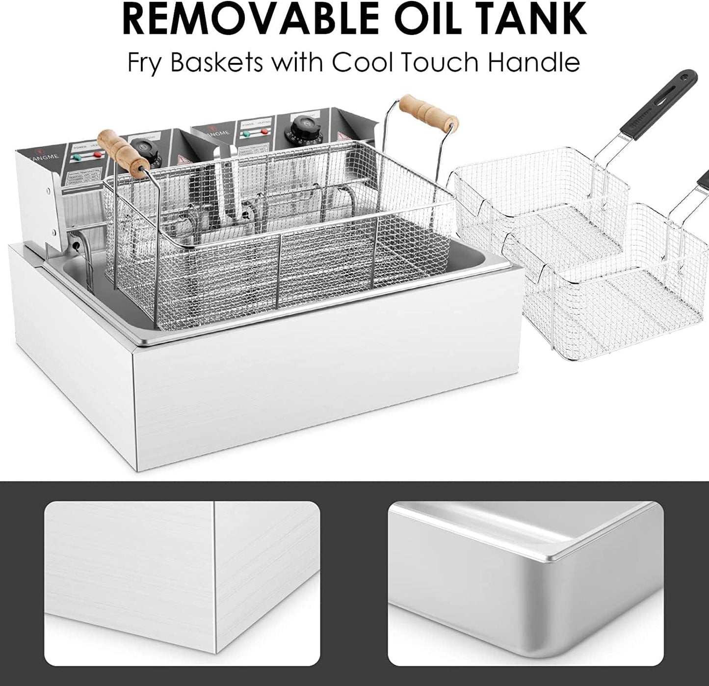 TANGME Commercial Deep Fryer, 3400w Electric Countertop Fryer with 3 Baskets, 22L/23.25Qt 1mm Thickened Stainless Steel Oil Fryer with Temperature Limiter for Restaurant, UL Certified