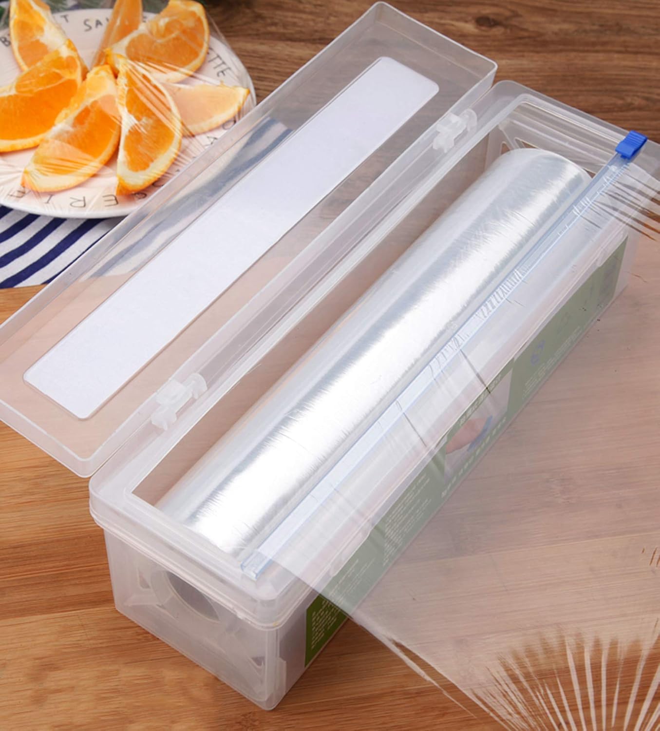 Plastic Cling Wrap Dispenser With Slider Cutter - Refillable Food Wrap Stretch Clear Film 12 Inch 650 Ft (Cutting Box + Cling Film)