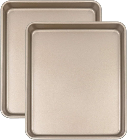Toaster Oven Pans Set of 2, Shinsin 11-Inch Nonstick Baking Sheet Pans and Trays, 1/8 Thicker Replacement Small Baking Tray Accessories for Cookie, Non Toxic and Easy Clean and Diswasher Safe, Gold