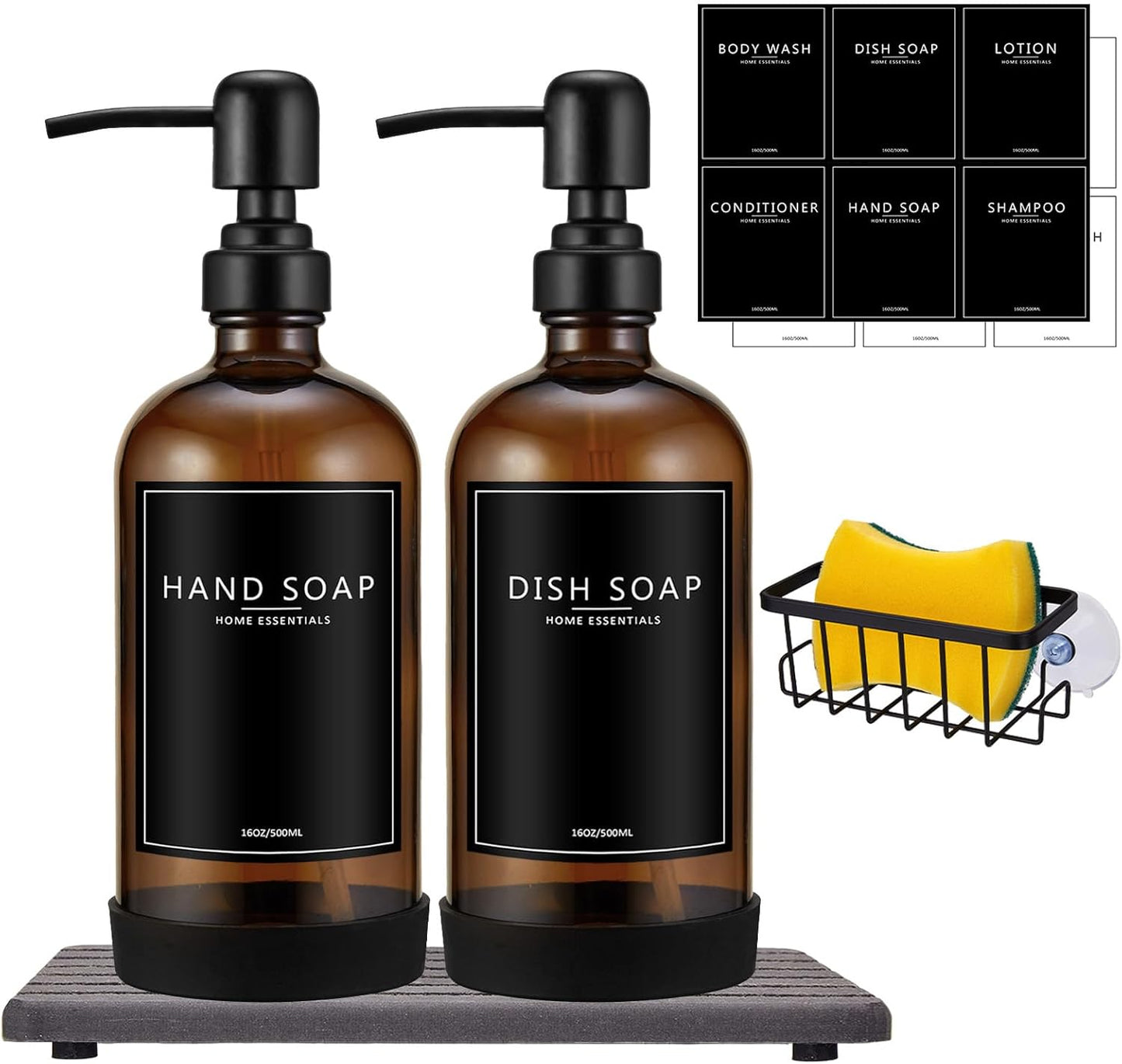 Kitchen Soap Dispenser Set with Instant Dry Tray & Sponge Holder,16 Oz Hand and Dish Soap Amber Glass Dispenser Set,Stainless Steel Pump,Waterproof Labels,Luxury Soap Bottle for Bathroom