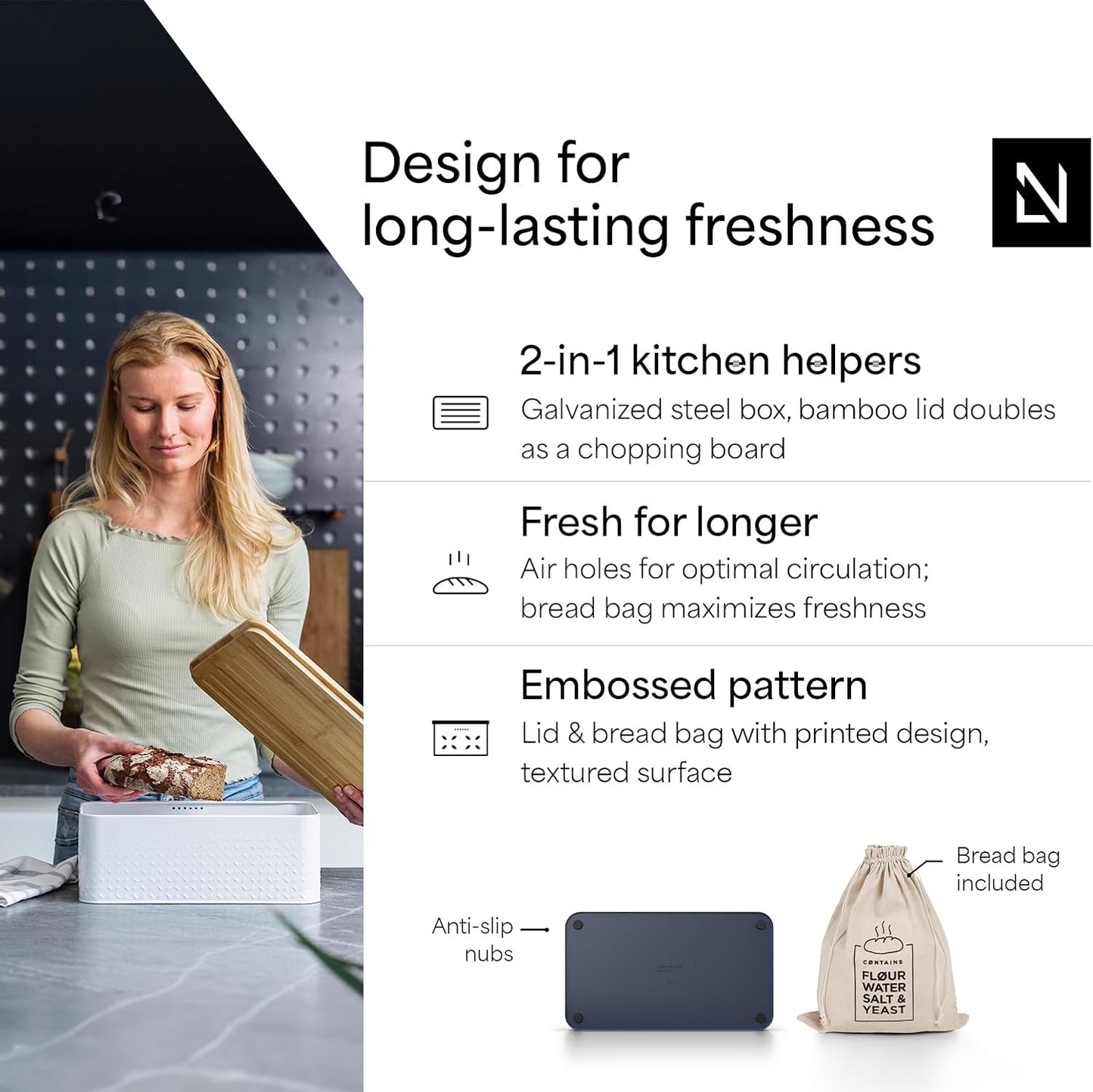 LARS NYSØM Bread Box I Metal Box with linen bag for long lasting freshness I Bread Bin with bamboo lid usable as cutting board I 13.4x7.3x5.3In (Midnight Blue)