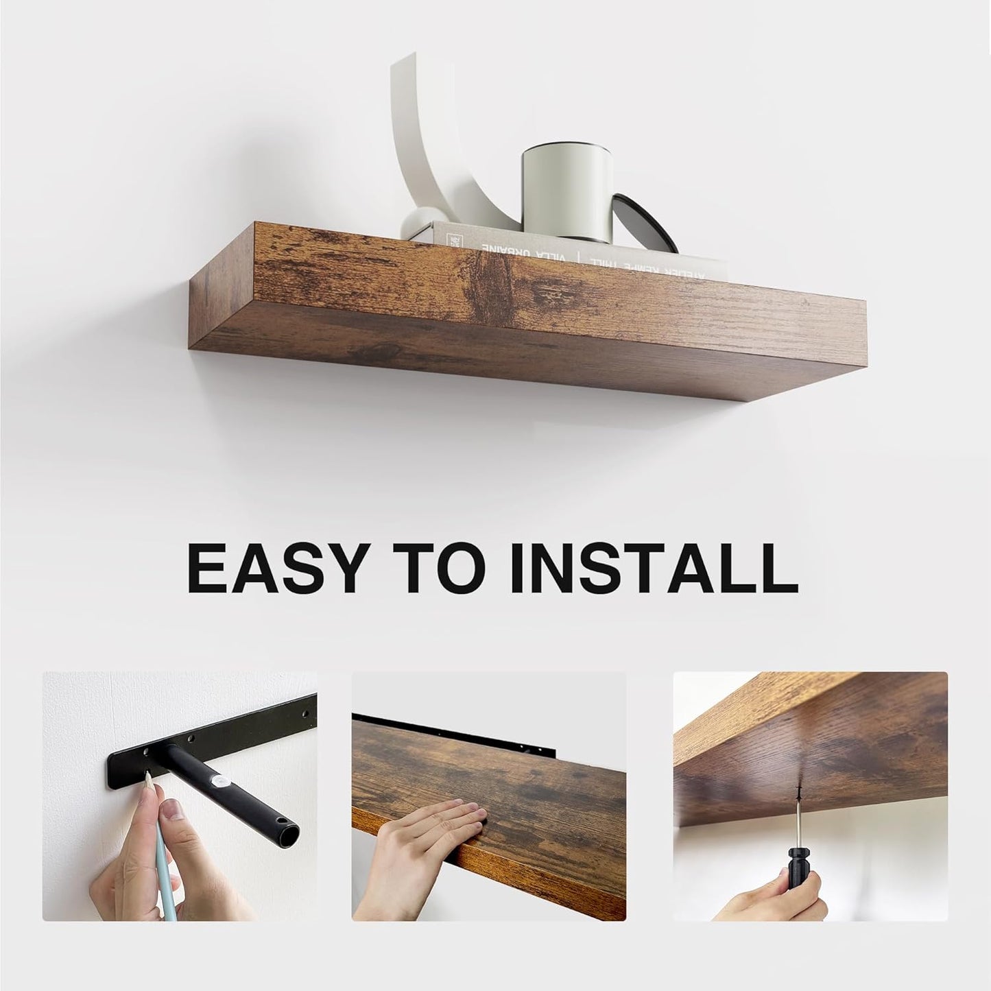 Colima Floating Shelves for Bedroom, Bathroom, Living Room, Kitchen, Office - 15 Inch Wall Mounted, Set of 3 - 1.3" Thick Brown Wood Floating Book Shelves