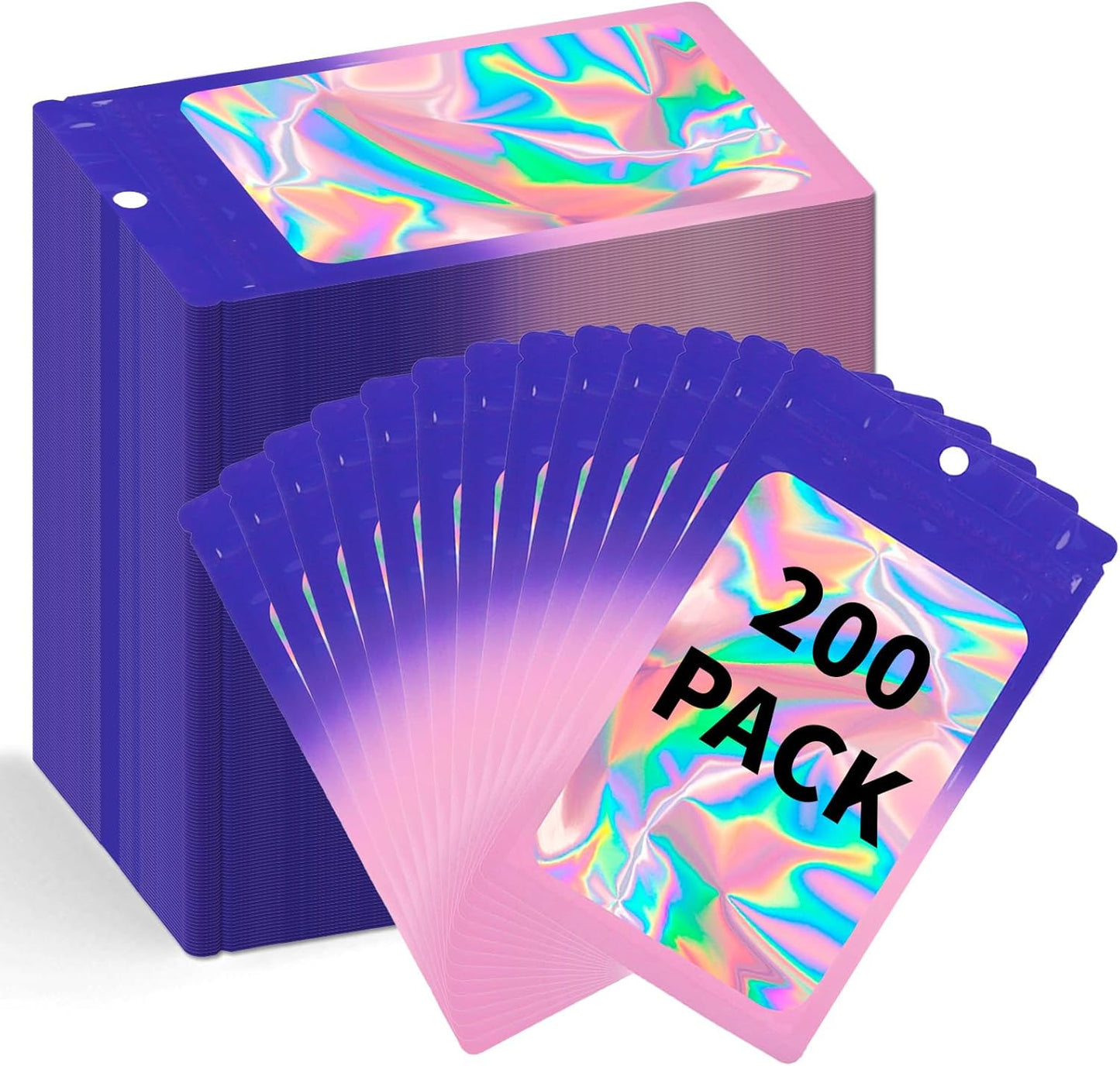 200 Pack Resealable Mylar Holographic Bags Food Storage Smell Proof Bags with Front Window Foil Packaging Pouch for Candy Sample Jewelry Small Business 4.72×7.87 Inch, Blue Fade Purple