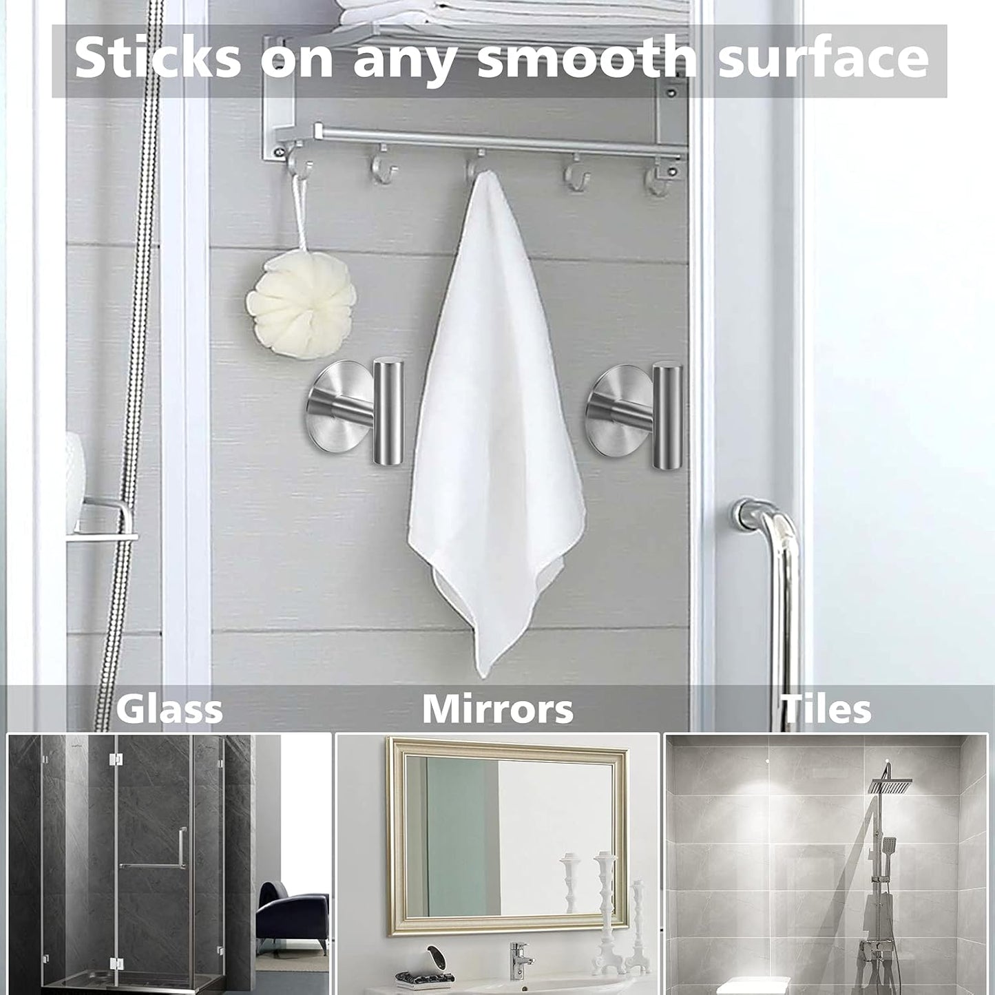 Adhesive Hooks Heavy Duty Wall Hooks Stainless Steel Waterproof Shower Hooks, Adhesive Holders Coat Robe Hooks for Hanging, Wall Mounted Towel Hooks for Bathroom Kitchen - 4 Pack