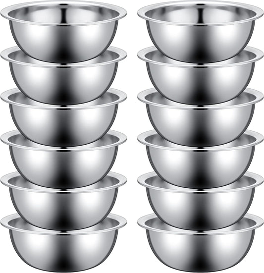 Pinkunn Set of 12 Stainless Steel Mixing Bowls, Nesting Metal Prep Salad Bowl Bulk Kitchen Large Reusable Baking Food Container for Hotel Restaurant Home Cooking, Silver(9.45 x 3.15 Inch)