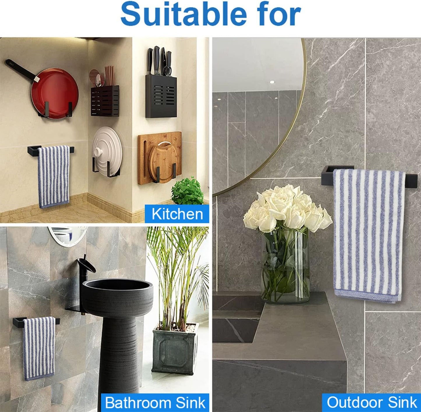 TocTen Hand Towel Holder/Towel Ring - 2Pack Thicken SUS304 Stainless Steel Bathroom Hand Towel Hanger, Heavy Duty Wall Mounted Towel Rack, Square Hand Towel Bar for Bathroom (Matte Black,2 Pcs 9 in)