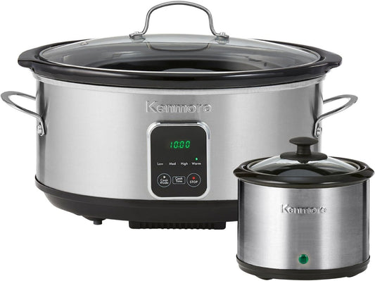 Kenmore 7 Quart Slow Cooker - Programmable crock pot with Dipper, Stainless Steel Electric Cookers, Warm Rice & Sous Vide Stew Soup For Lunch, Dishwaher Safe Non-Stick Ceramic Insert, Digital Control