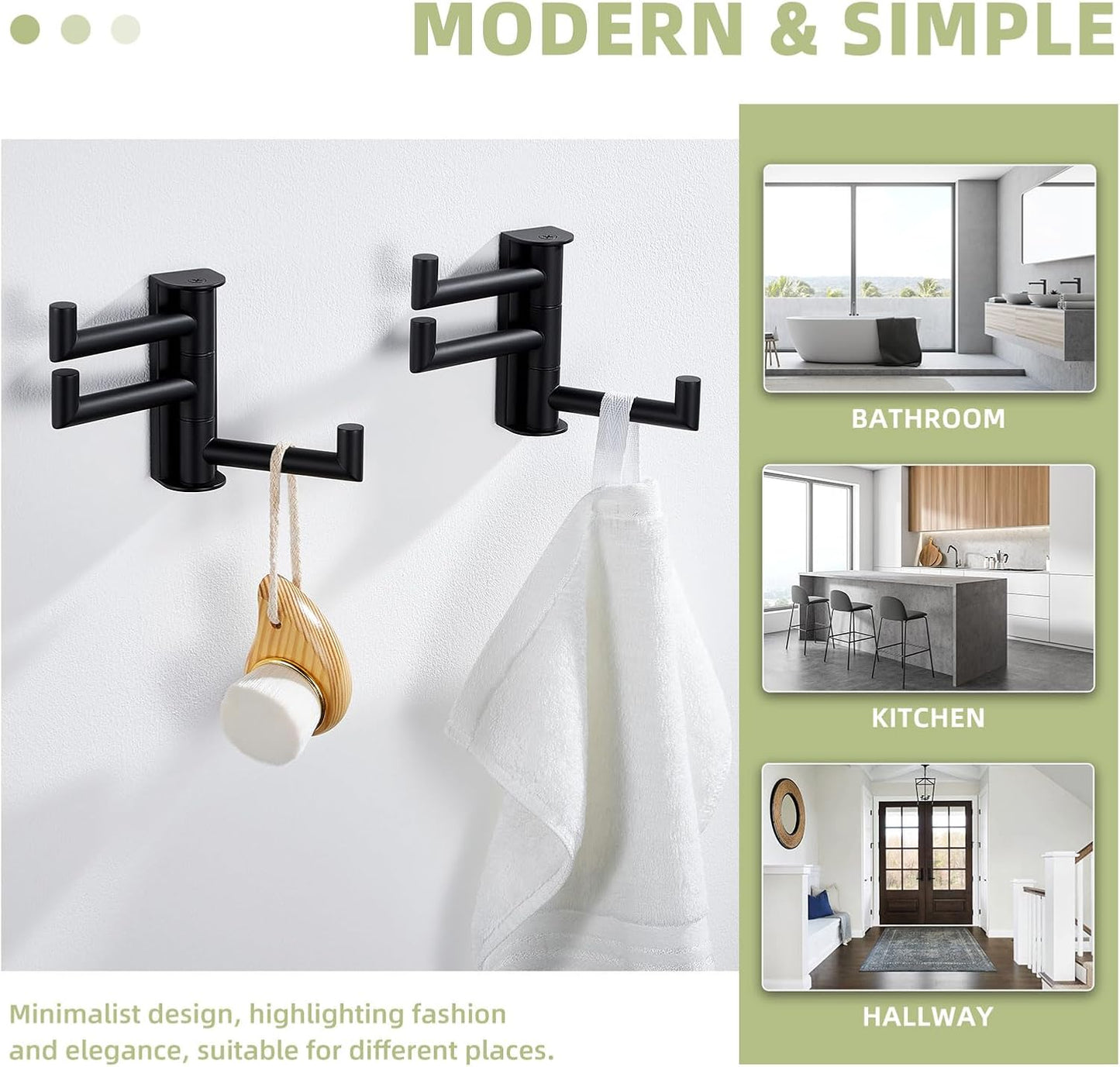 Suyar Towel Hook for Bathroom, SUS 304 Stainless Steel Swivel Coat Robe Holder with 3 Foldable Arms, Wall Hook Matte Black, 2 Pack