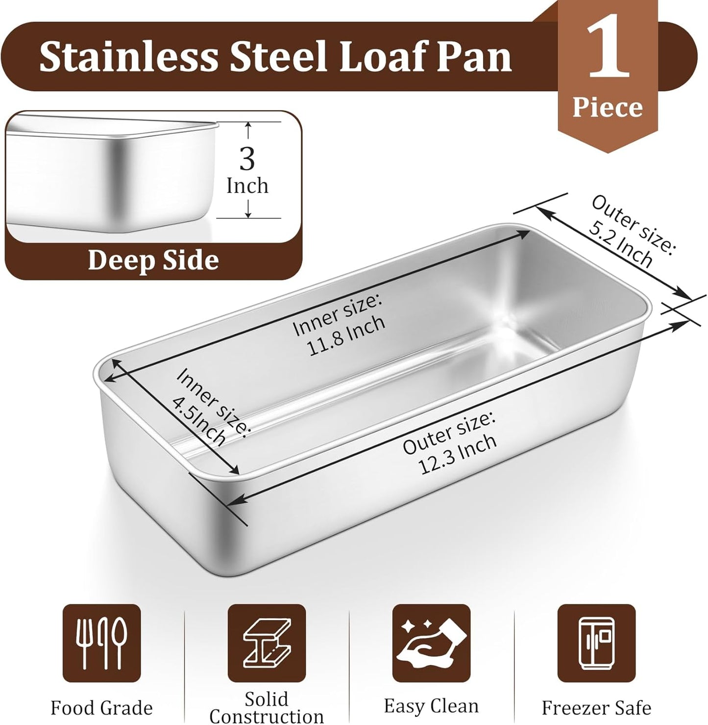TeamFar Loaf Pan, 12 x 5 Inch Stainless Steel Loaf Pans for Baking Bread, Large Bread Loaf Baking Pan for Homemade Bread, Meatloaf, Cake, Brownies, Non-Toxic, Heavy-duty, Oven & Dishwasher Safe