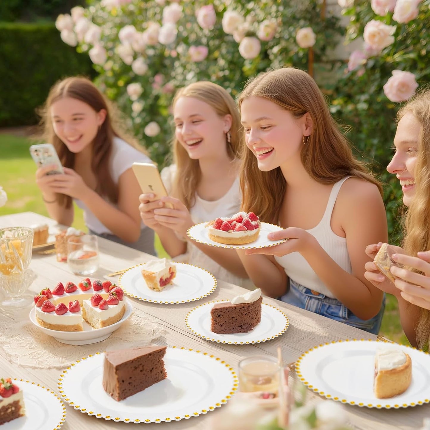 supernal 100pcs White Plastic Plates with Gold Trim Fancy Disposable Plates Includes 50 Plastic Dinner Plate and 50 Dessert Disposable Plate for Party,Wedding,Bridal Shower