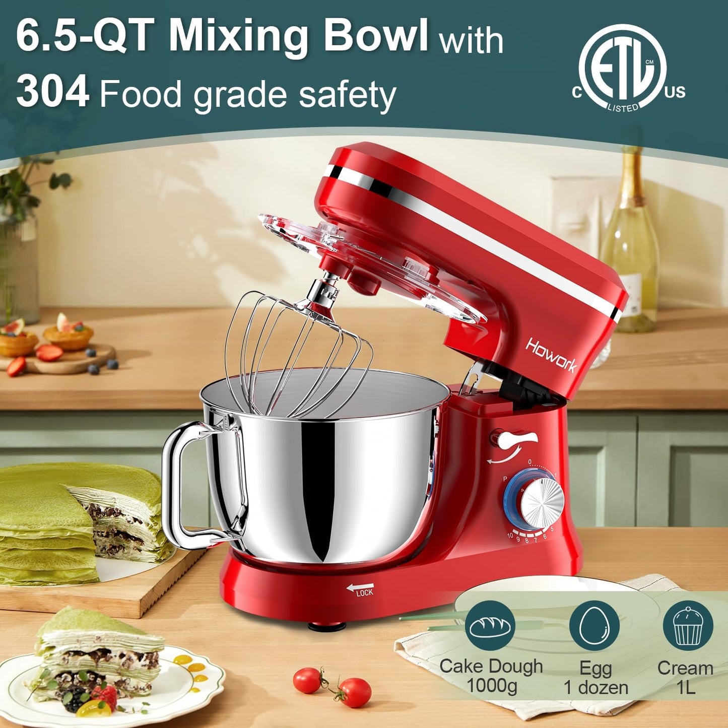HOWORK Electric Stand Mixer,10+p Speeds With 6.5QT Stainless Steel Bowl,Dough Hook, Wire Whip & Beater,for Most Home Cooks,Bright Red