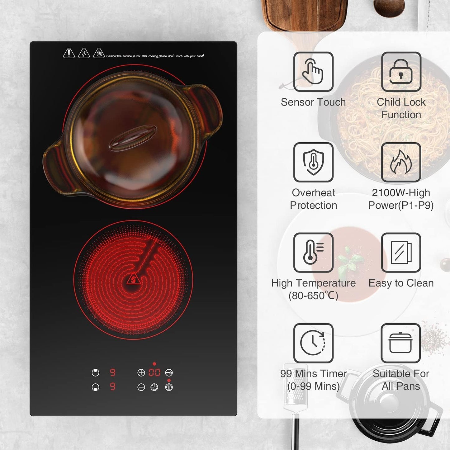 Portable Electric Hot Plate, 2 Burner Cooktop 110V/120V Plug-in, Infrared Stove Top for Cooking, LED Touch Control, Timer & Safety Lock for RV, Dorm, Apartment (Electric Cooktop 2 Burners)