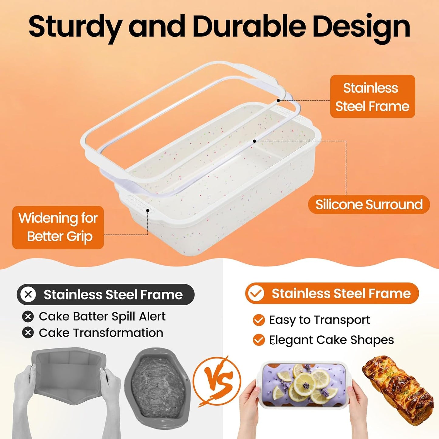 SJ Silicone Bread Loaf Pan with Metal Reinforced Frame, 9.5 x 5 in Non-stick Silicone 1 lb Loaf Pan for Baking, 1 Pack Durable Bread Pan for Oven Dishwasher Safe - Cream