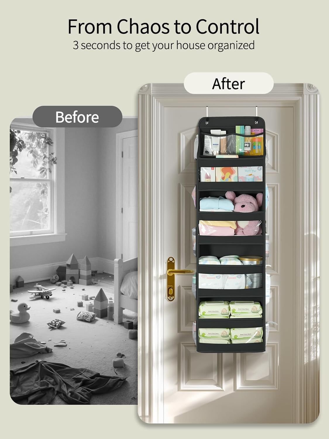Yecaye 5 Tier 1Pc Over the Door Organizer, Swing-proof Door Organizer Hanging with Clear PVC Windows, Behind the Door Storage for Bedroom Nursery Closet Laundry Pantry Bathroom, Black