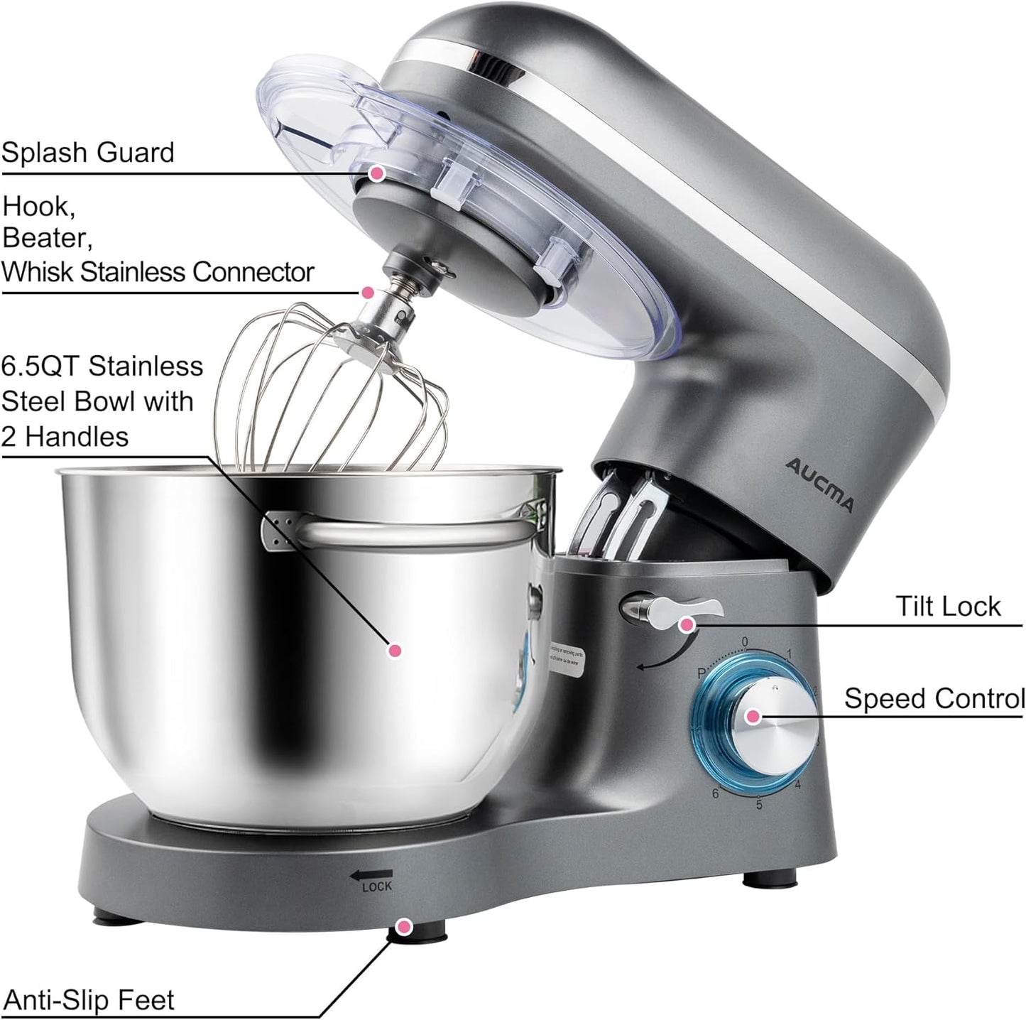 Aucma Stand Mixer,6.5-QT 660W 6-Speed Tilt-Head Food Mixer, Kitchen Electric Mixer with Dough Hook, Wire Whip & Beater (6.5QT, Gray)