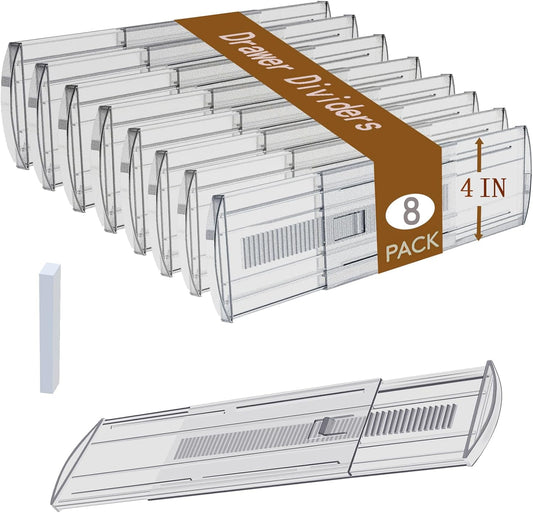 8 Pack Adjustable Drawer Dividers for Clothes,4" High Expandable From 13-22" Clear Drawer Organizers, PET Plastic Separators for Dresser/Bedroom/Bathroom/Kitchen/Office Storage