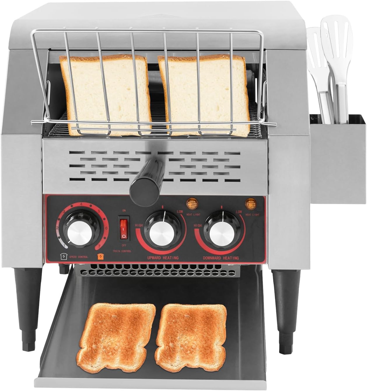 Commercial Conveyor Toaster 300 Slices/Hour Stainless Steel Conveyor Restaurant Toaster 1900W Countertop Electric Industrial Toasters w/Double Heating Tubes for Bun Bagel Bread Baked Food