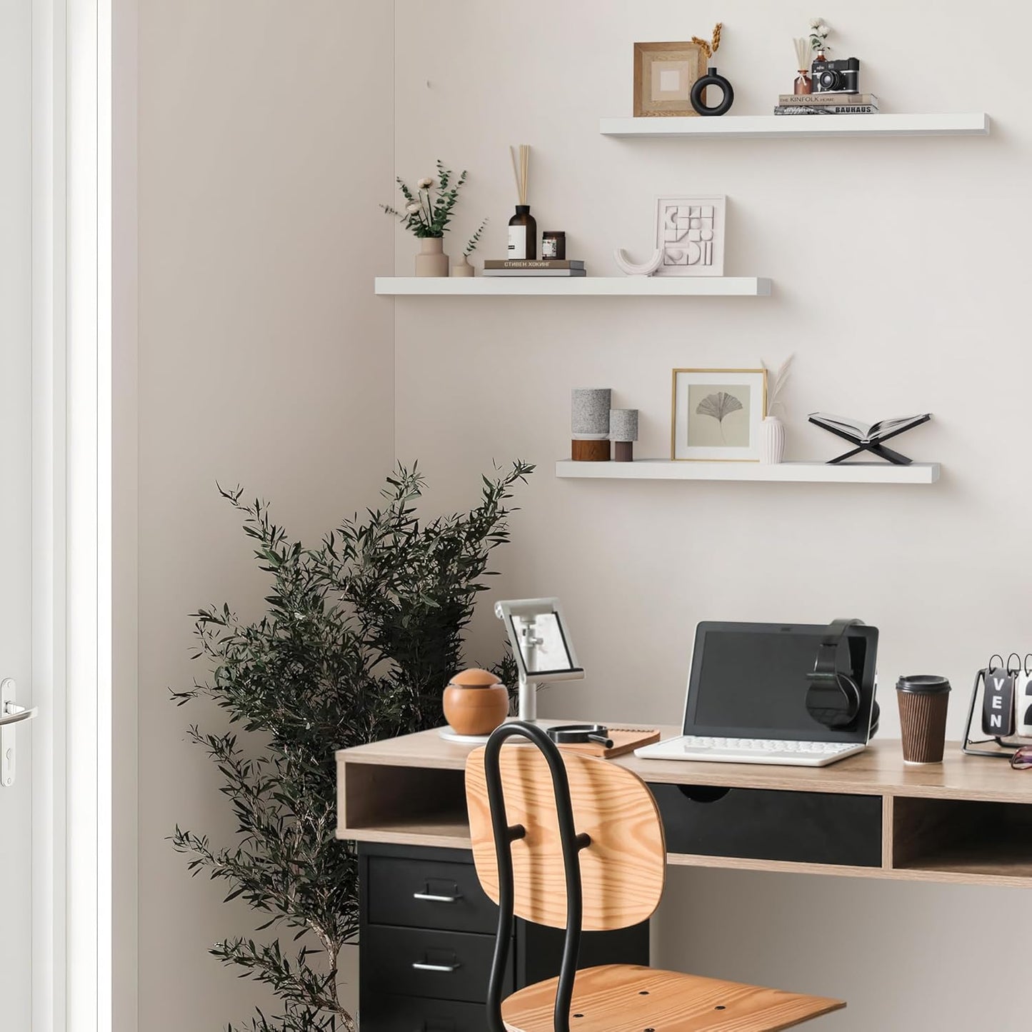 Colima Floating Shelves for Wall White Wood Shelf for Bedroom, 36 Inch Wall Mounted Floating Shelves for Bathroom Living Room Kitchen Office, 1.3" Thick Floating Book Shelves for Wall, Set of 3