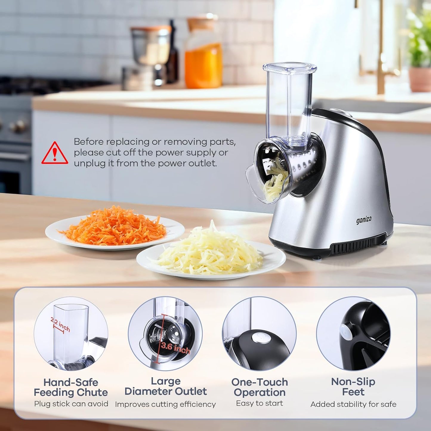 Ganiza 5-in-1 Electric Cheese Grater for Kitchen, Max 250W Cheese Shredder, 5 Changeable Blades Salad Shooter, Slicer Electric for Cheese/Veggies/Salad with an Extra Zester grater