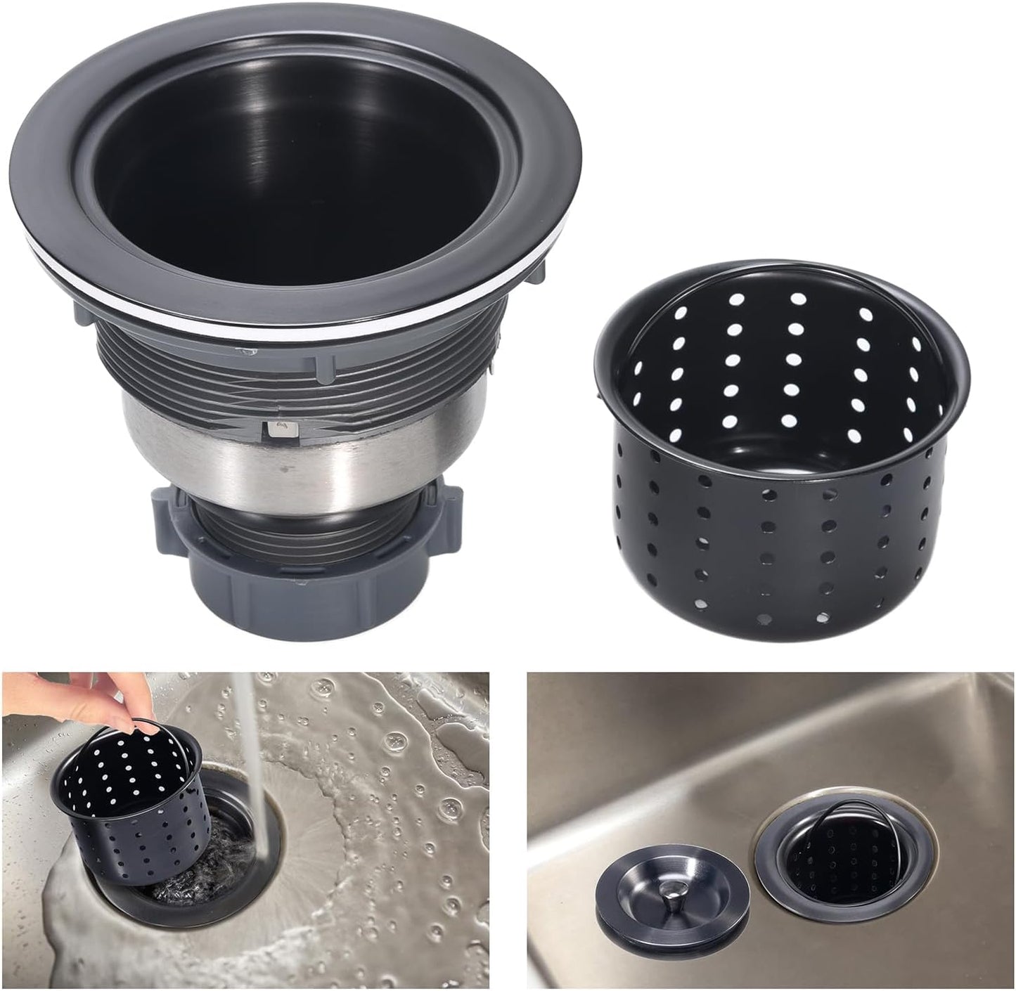 Kitchen Sink Drain 3-1/2 Inch Black Sink Drain Assembly Kit, Removable Deep Sink Strainer Basket with Sink Stopper/Sealing Lid for Home, Kitchen, Stainless Steel