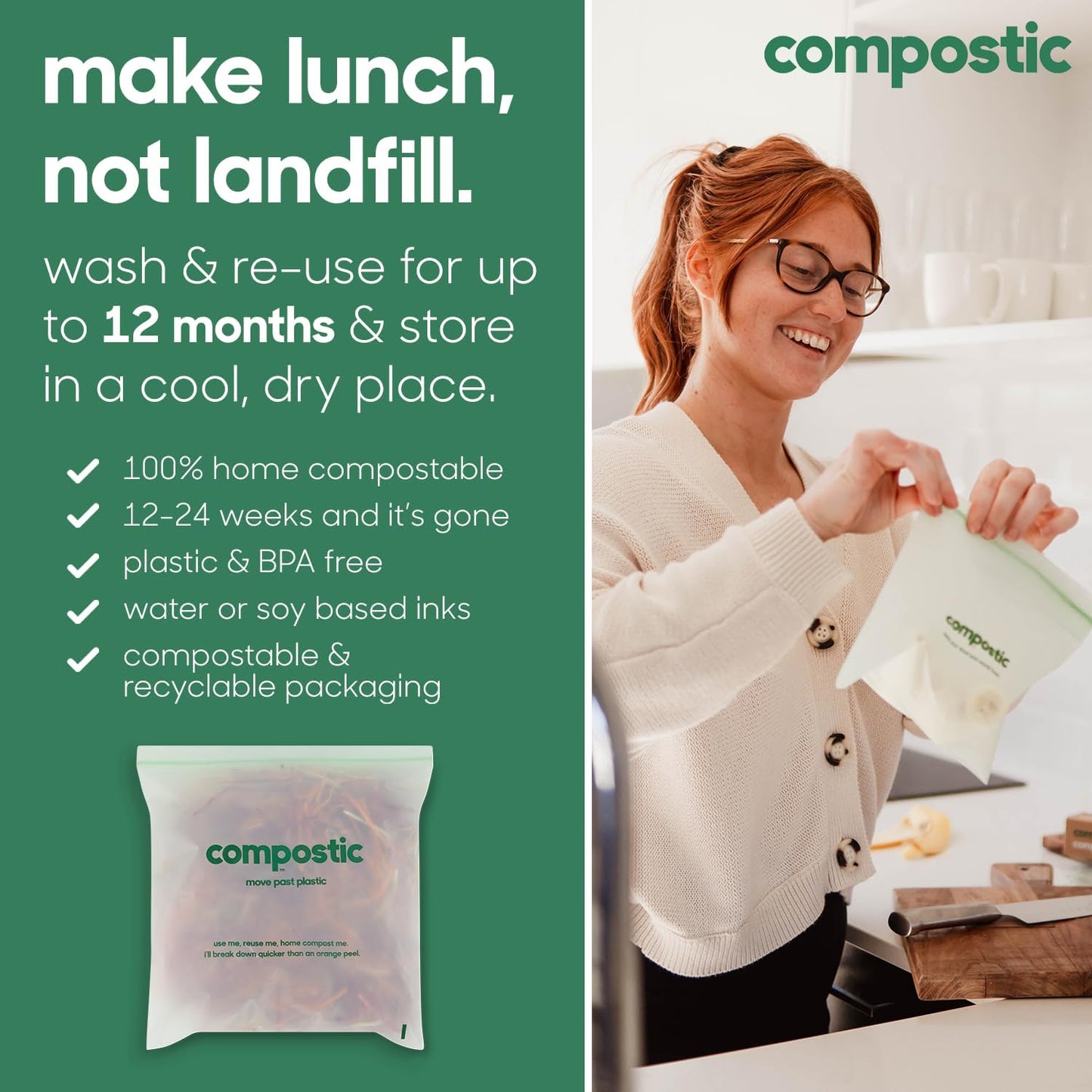 Home Compostable Resealable Snack Bags (6"x 3.5"), Microwave & Freezer Safe, Organic Food Storage Container, 30 Count (Pack of 2)