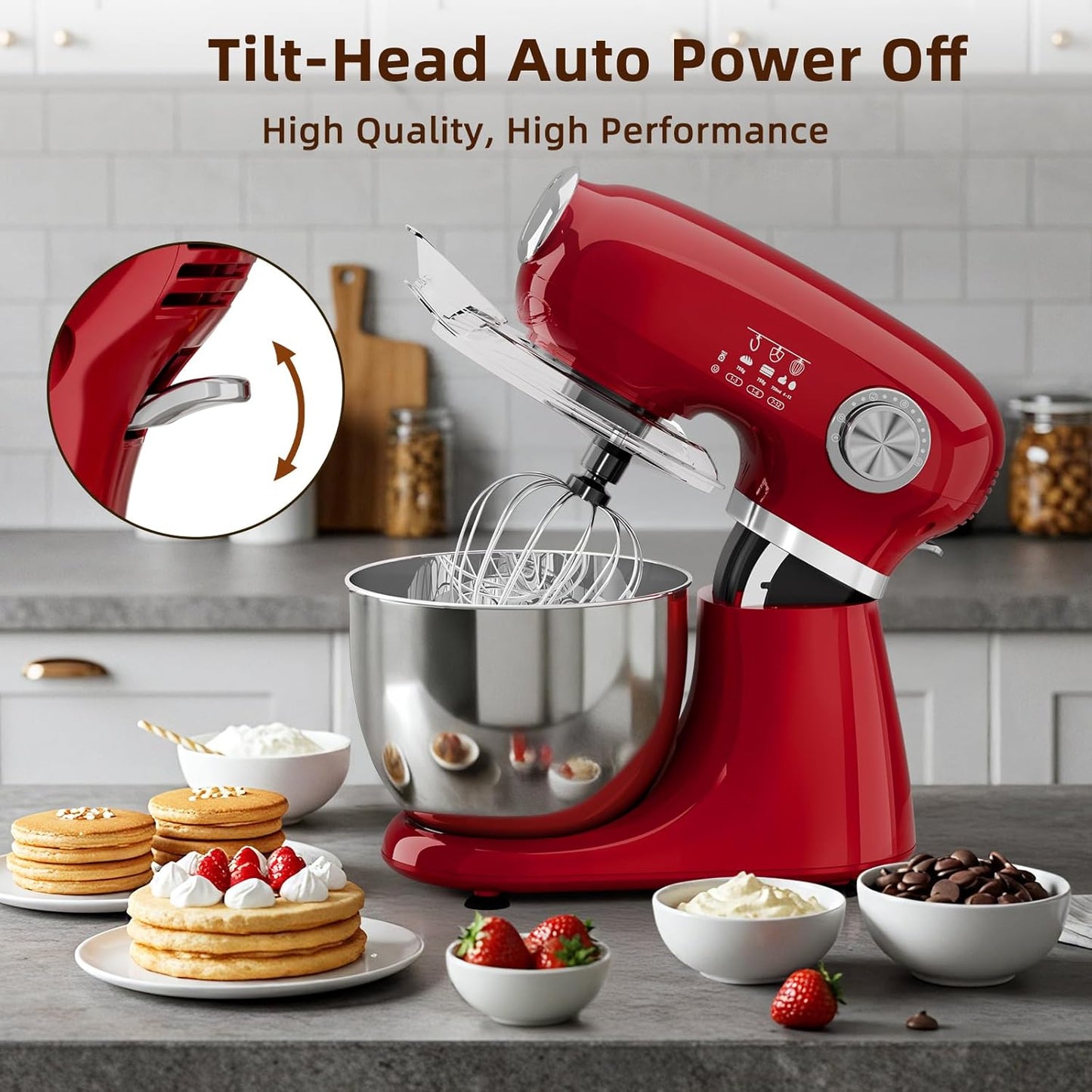 Cowsar Stand Mixer, 12 Speeds Tilt-Head Electric Commercial Stand Mixer, 3-In-1 Kitchen Mixer with Bowl, Dough Hook, Whisk and Beater, Red