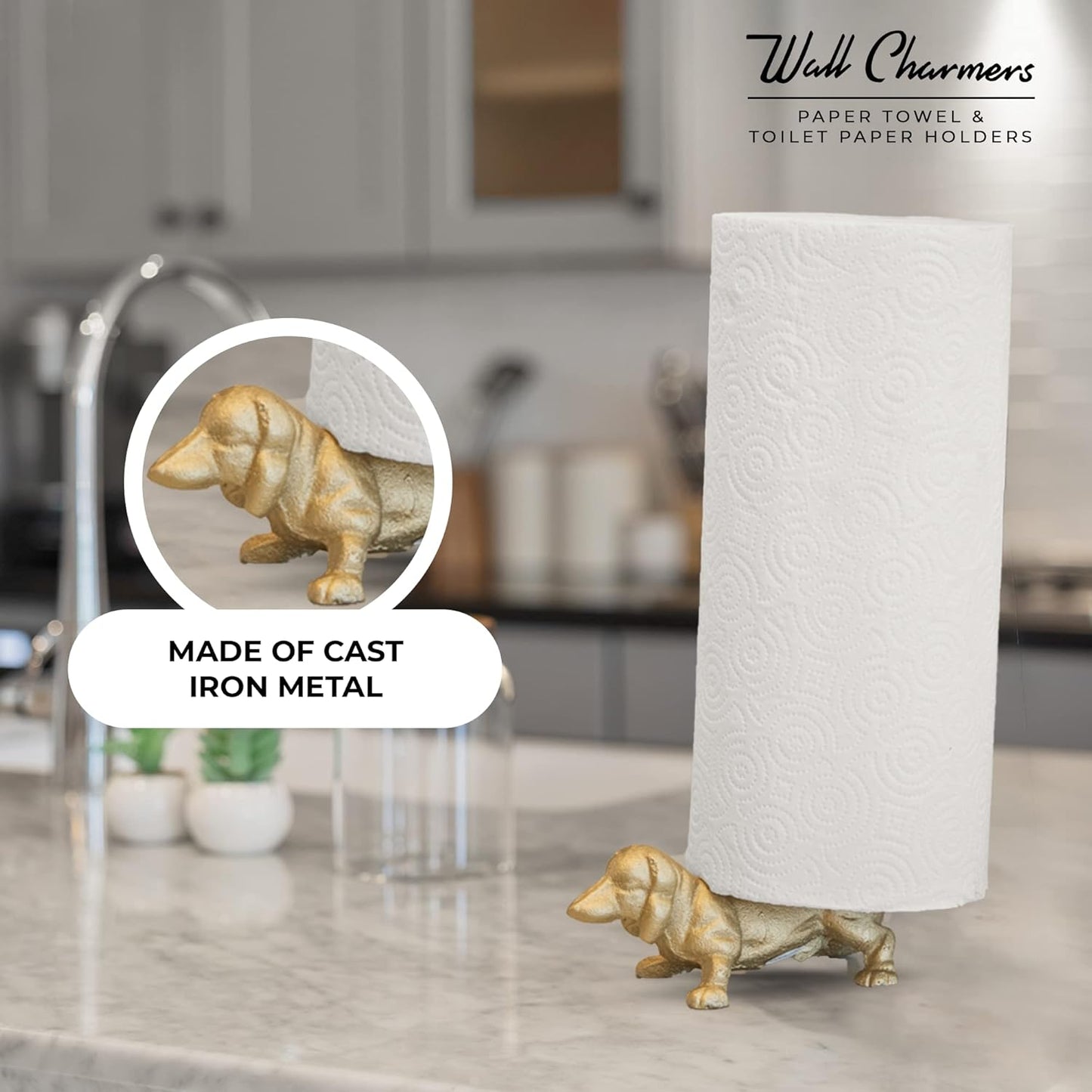 WallCharmers Gold Paper Towel Holder, Metal Toilet or Kitchen Paper Holder for Floor or Countertop, Gold Dog
