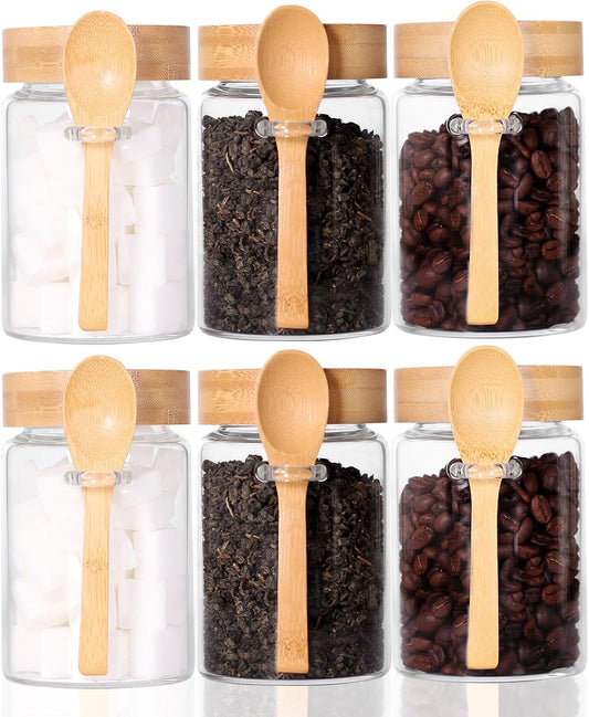 16 OZ Tea Jars Screw Top for Loose Tea, Set of 6 Loose Leaf Container Airtight, Glass Jars with Screw on Lids and Spoons, Overnight Oats Containers with Lids